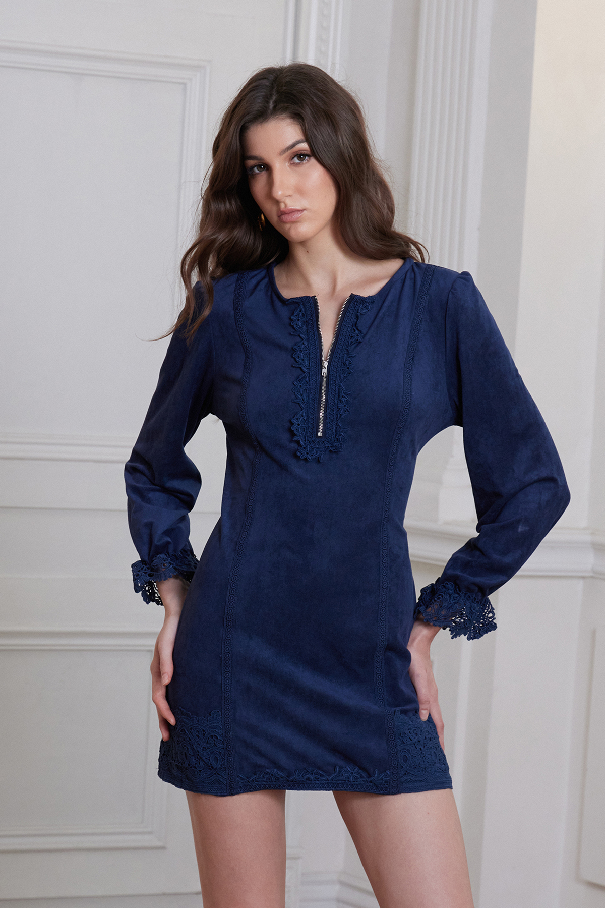 Franka Plunge Zipper Lace Mini Dress