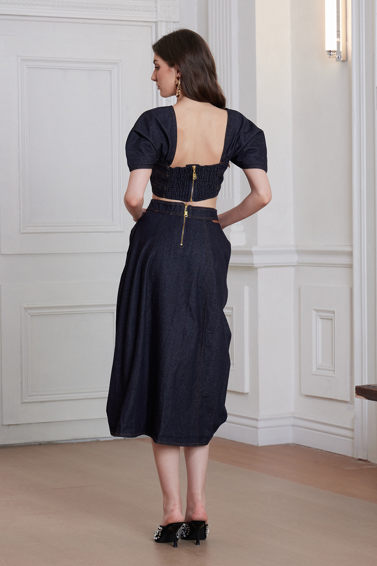 Fraser Crop Ruch Denim Skirt Set