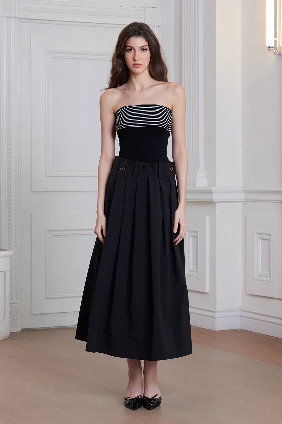 Freda Stripe Strapless Pleated Maxi Dress