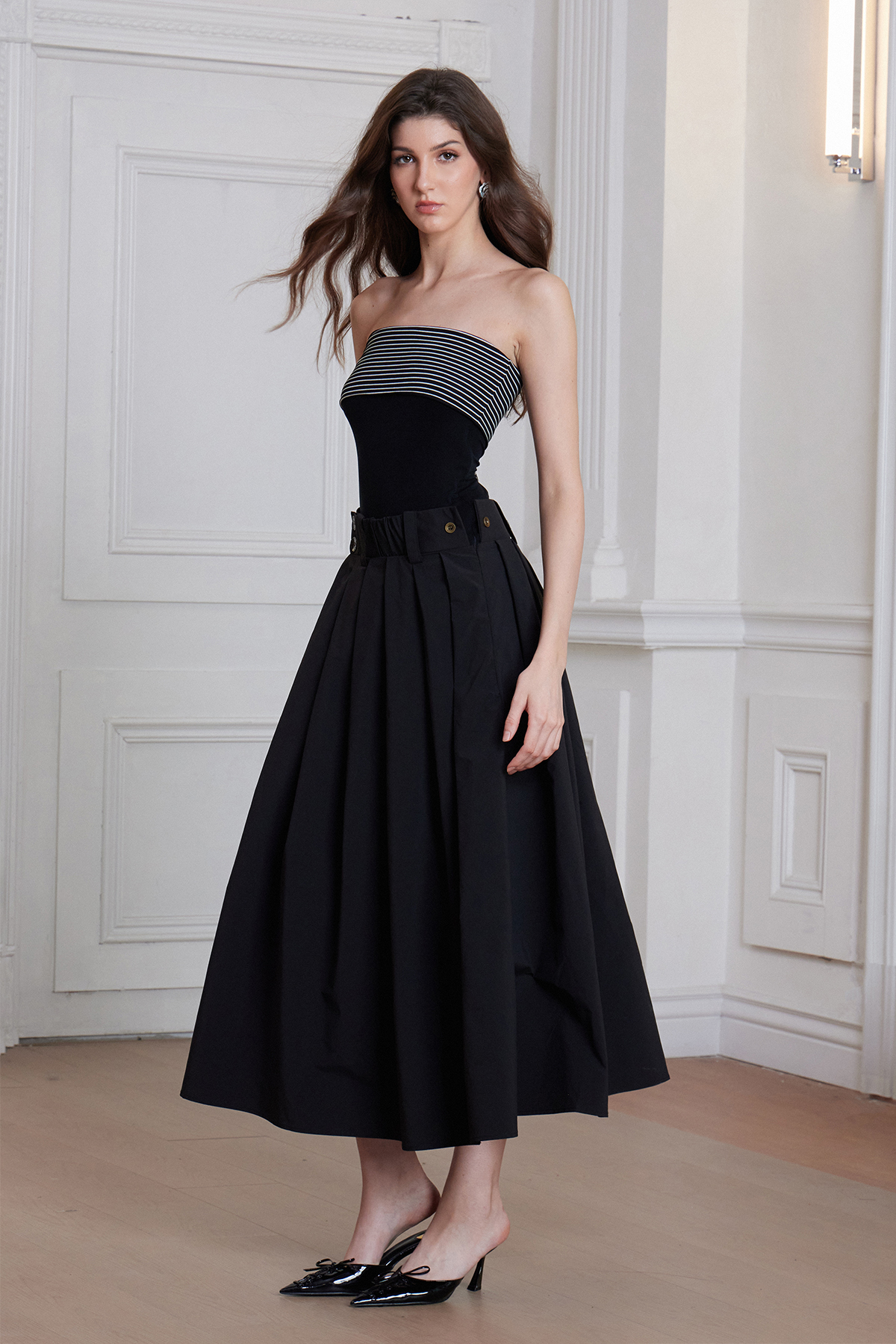 Freda Stripe Strapless Pleated Maxi Dress