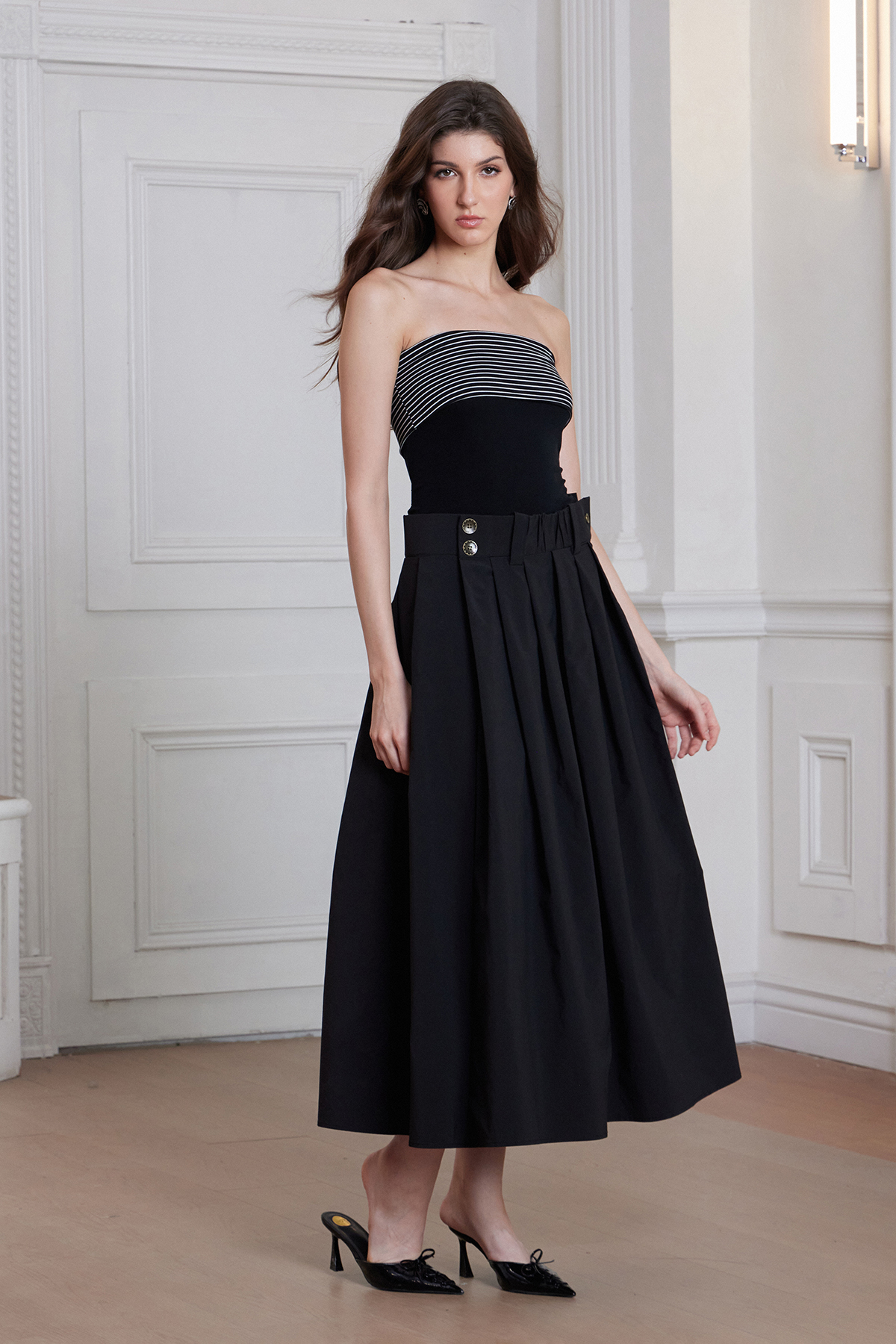 Freda Stripe Strapless Pleated Maxi Dress