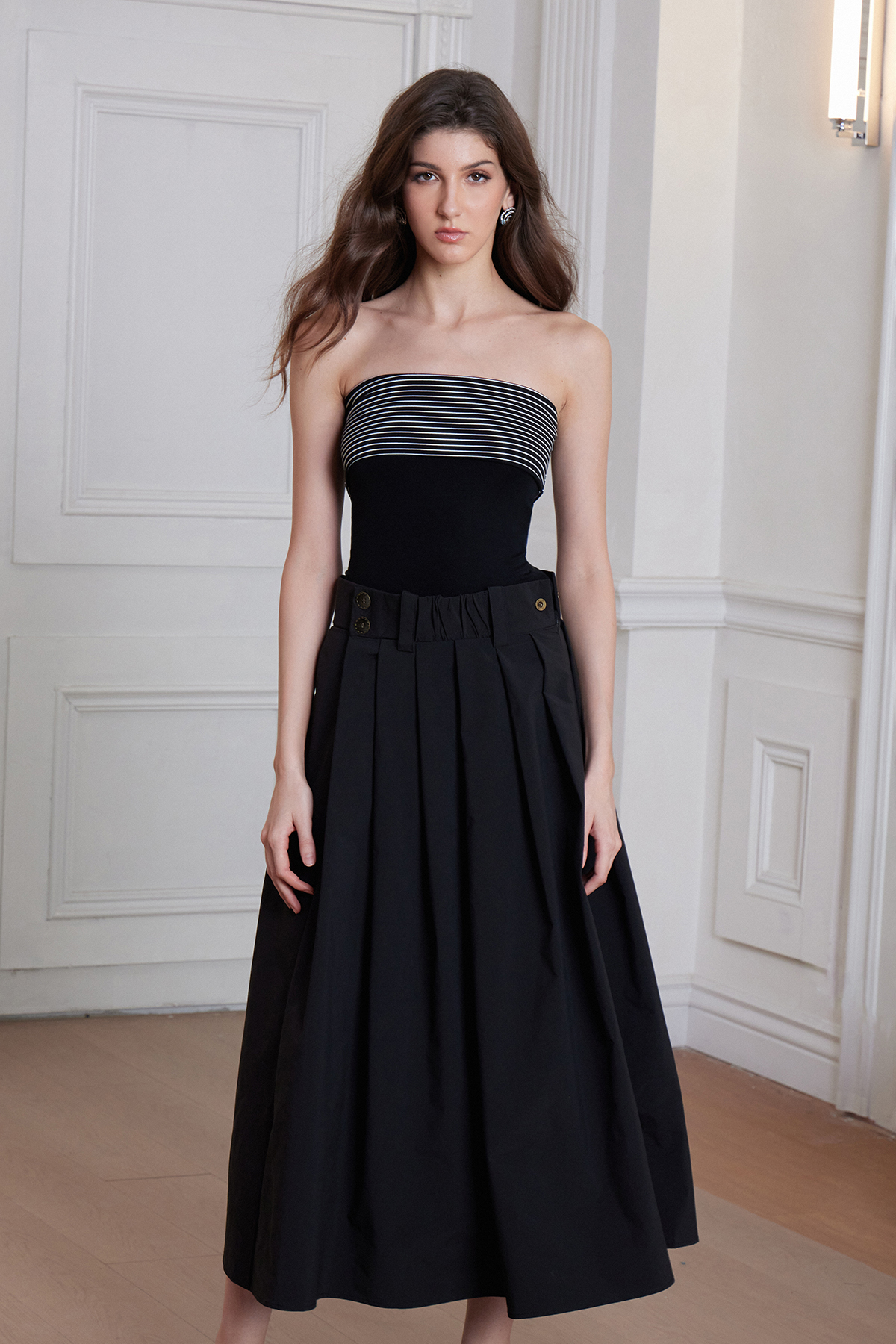 Freda Stripe Strapless Pleated Maxi Dress