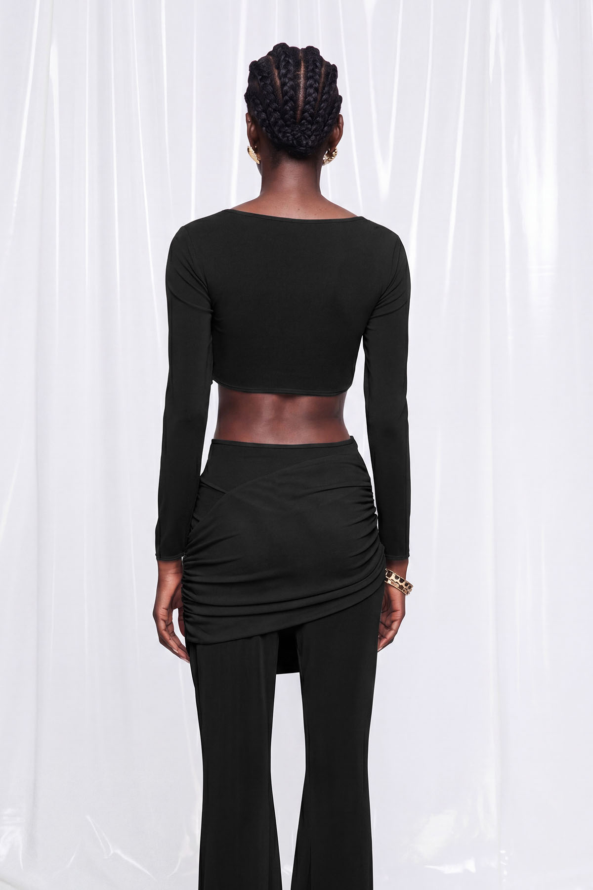 Fredrick Crop Ruch Mesh Pants Set In Black