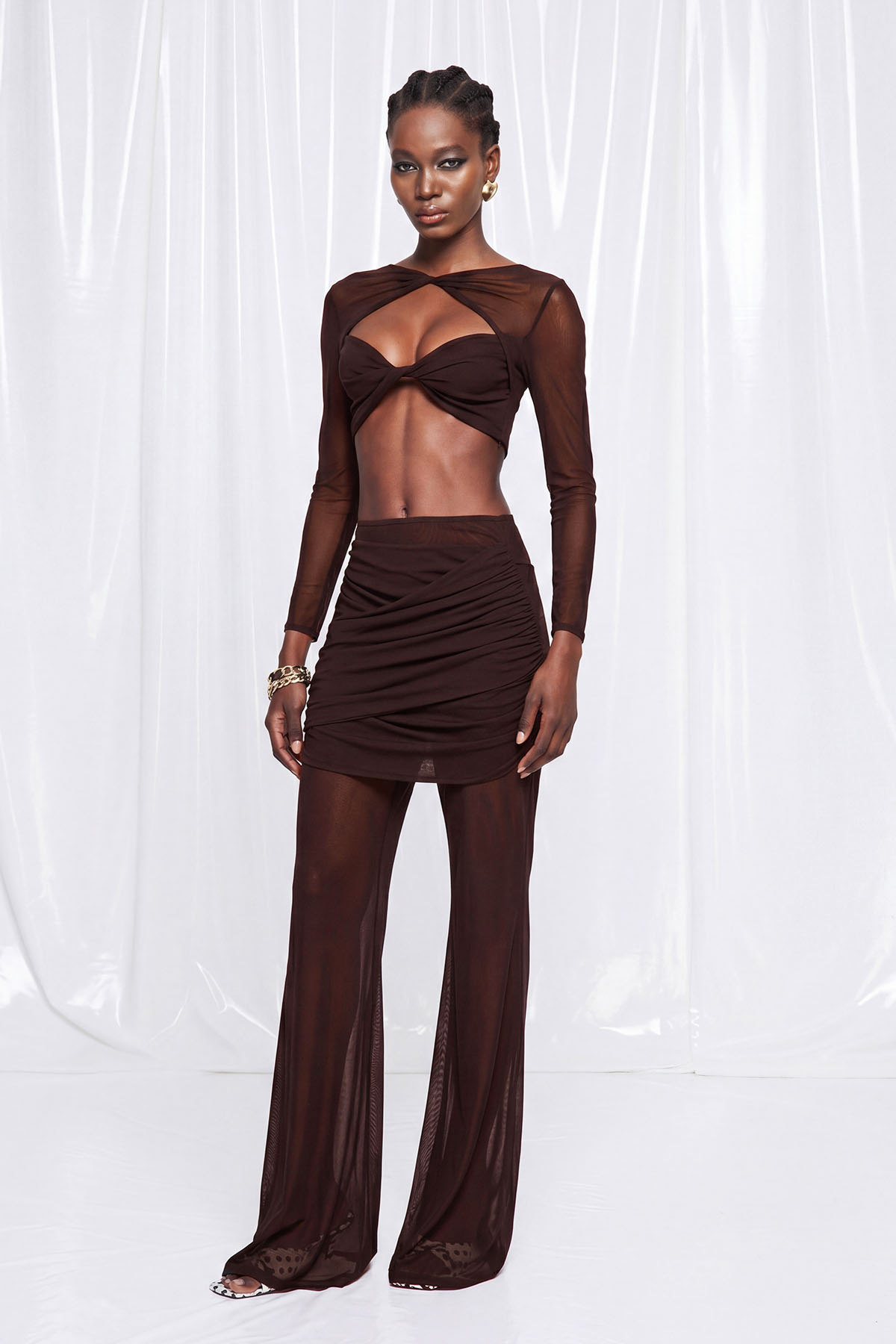 Fredrick Crop Ruch Mesh Pants Set In Brown
