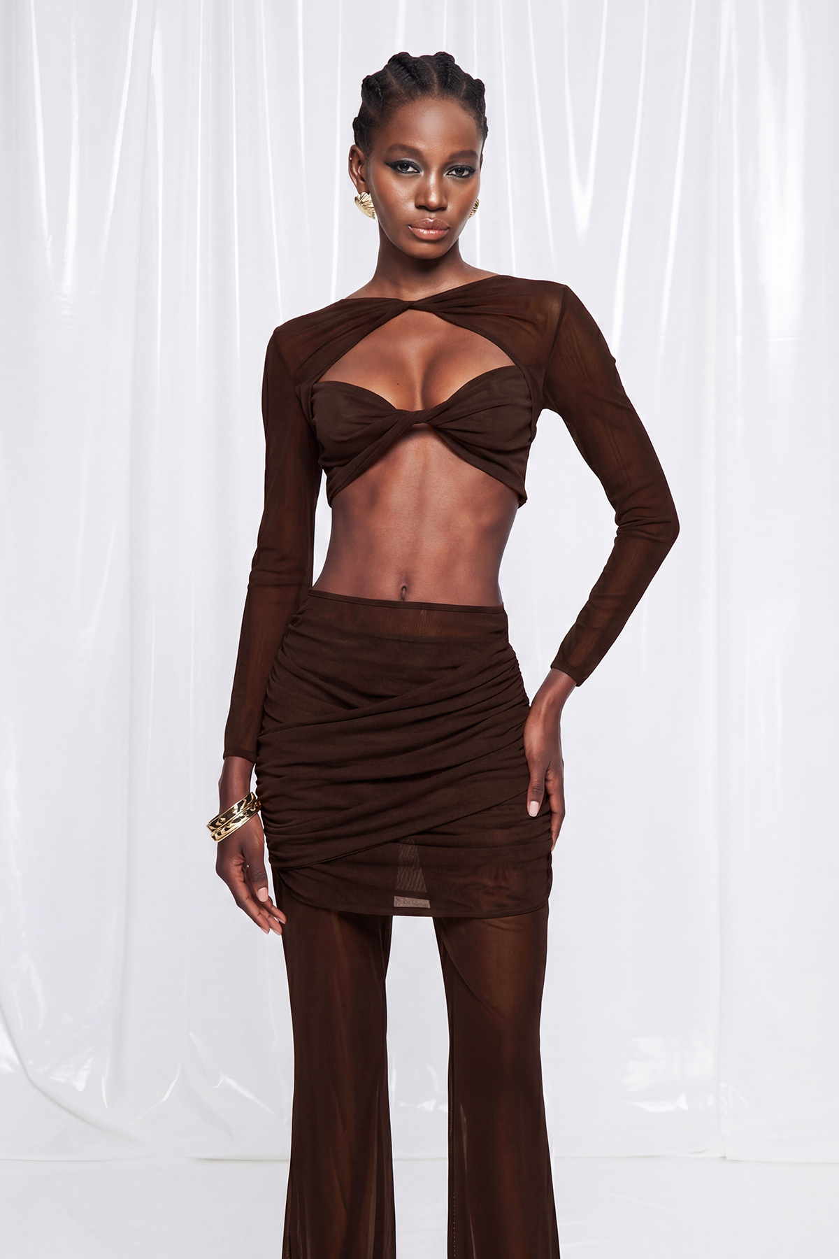 Fredrick Crop Ruch Mesh Pants Set In Brown