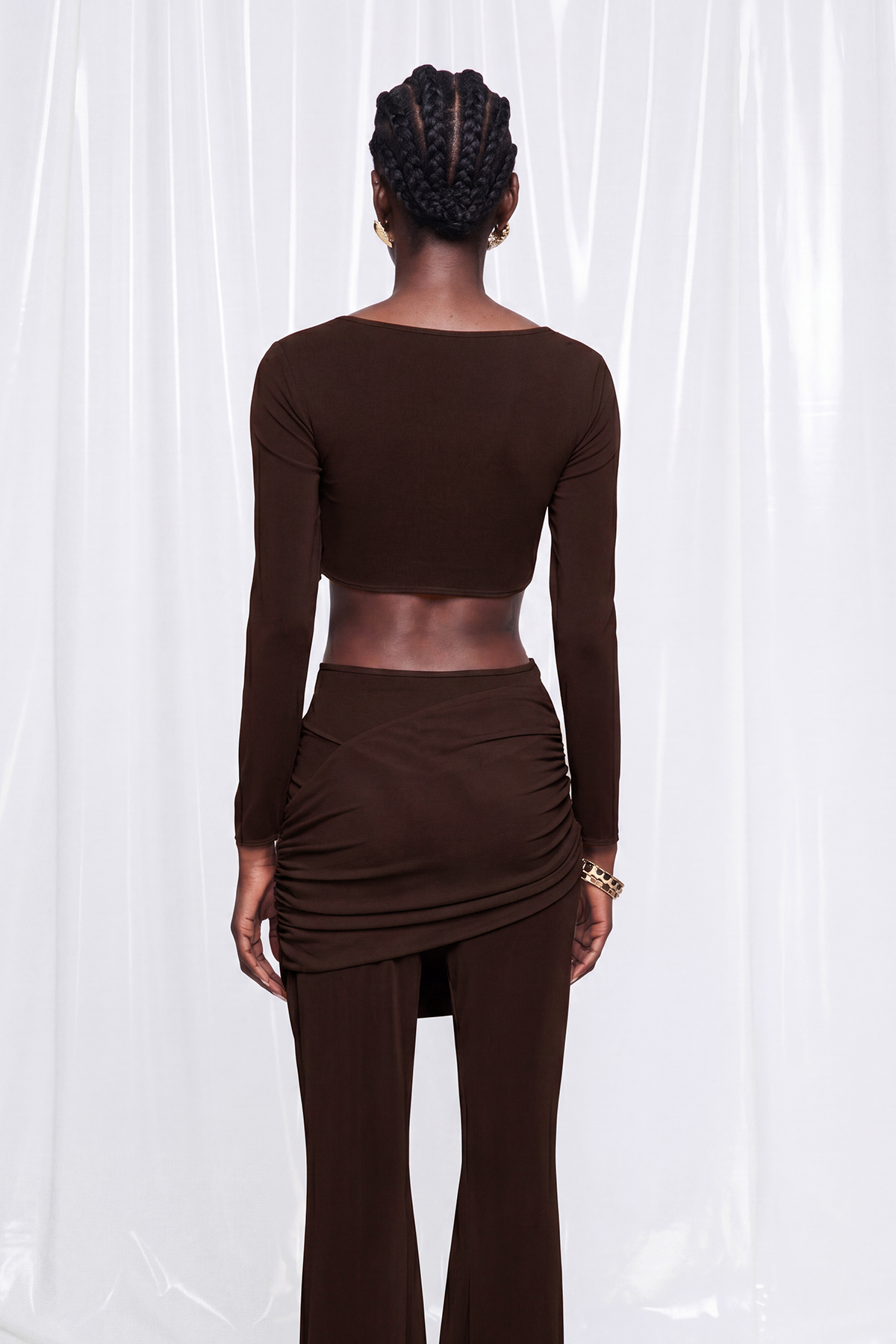 Fredrick Crop Ruch Mesh Pants Set In Brown