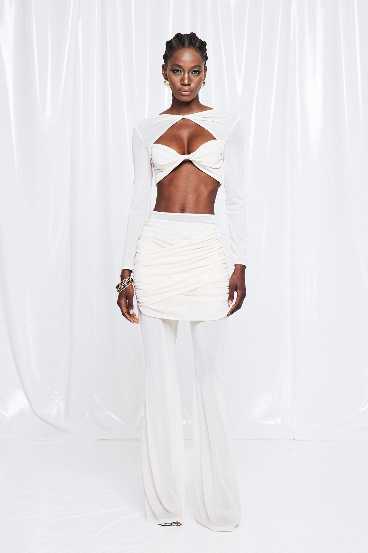 Fredrick Crop Ruch Mesh Pants Set In White