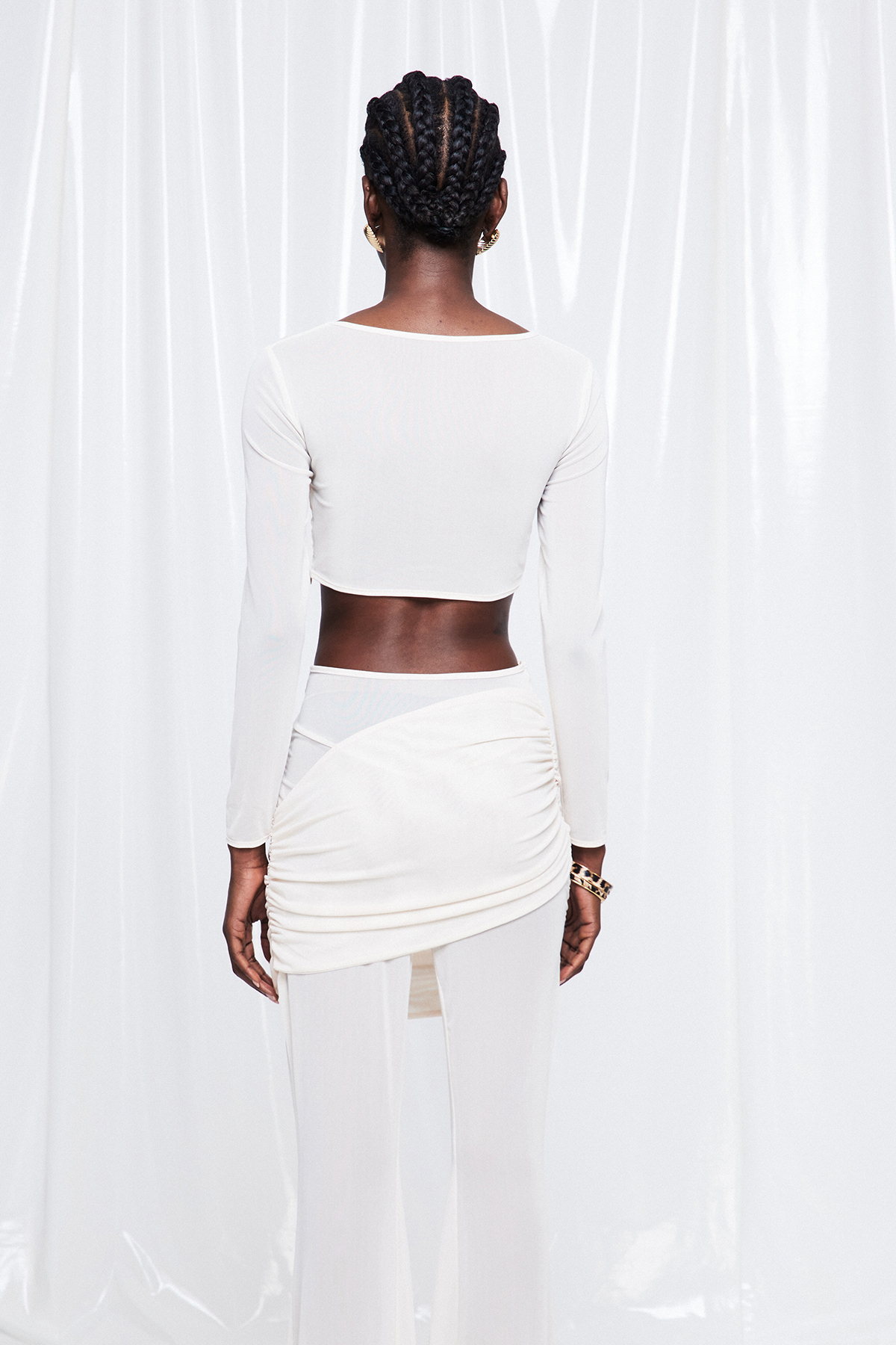 Fredrick Crop Ruch Mesh Pants Set In White