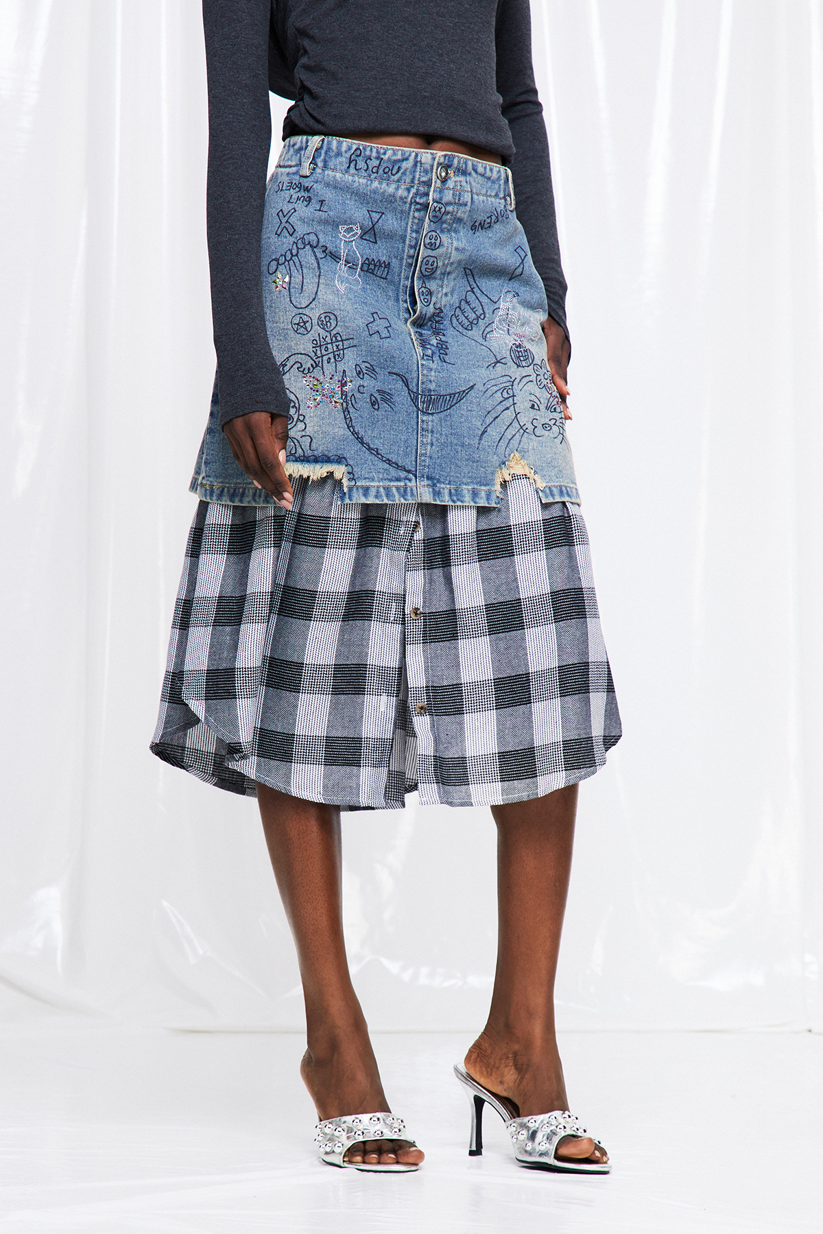 Fuat Grid Deconstruct Denim Maxi Skirt