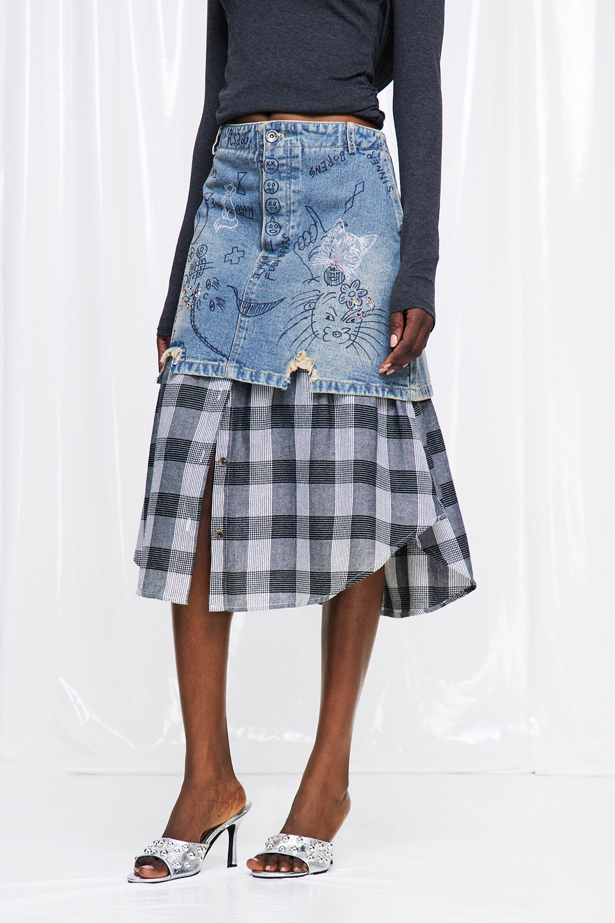 Fuat Grid Deconstruct Denim Maxi Skirt