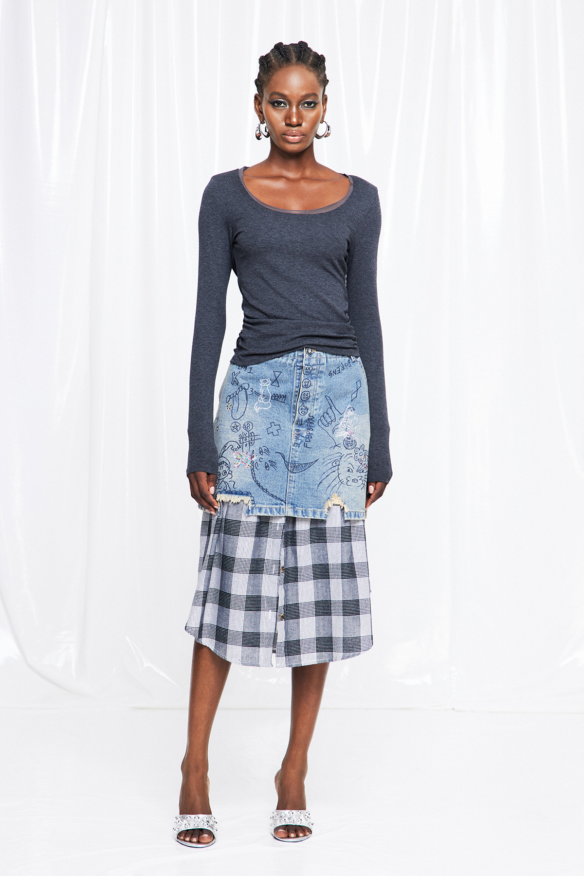 Fuat Grid Deconstruct Denim Maxi Skirt