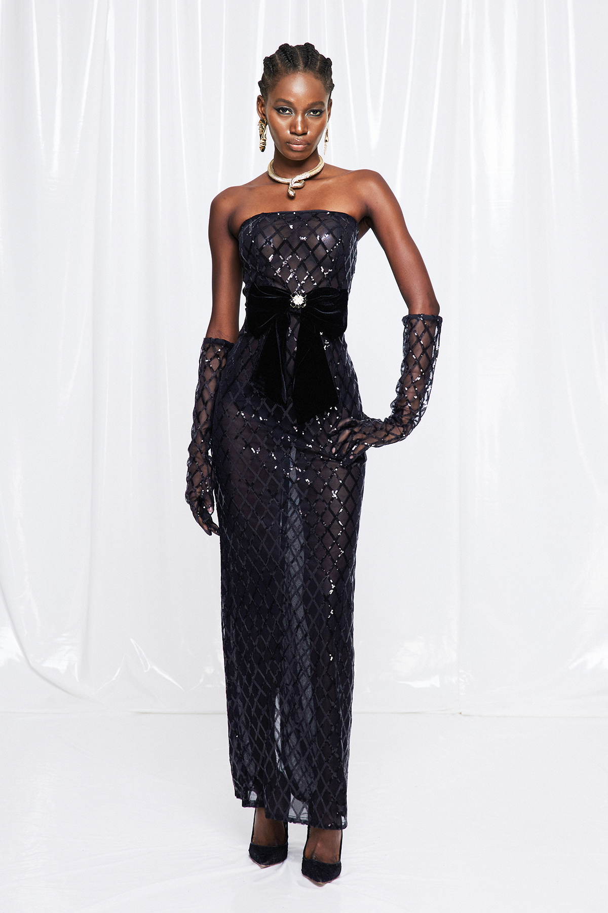 Fulco Diamond Pattern Bow Maxi Dress