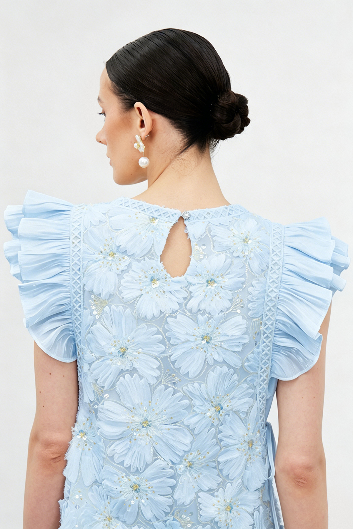 Fyokla Embellished Floral Ruch Midi Dress In Blue