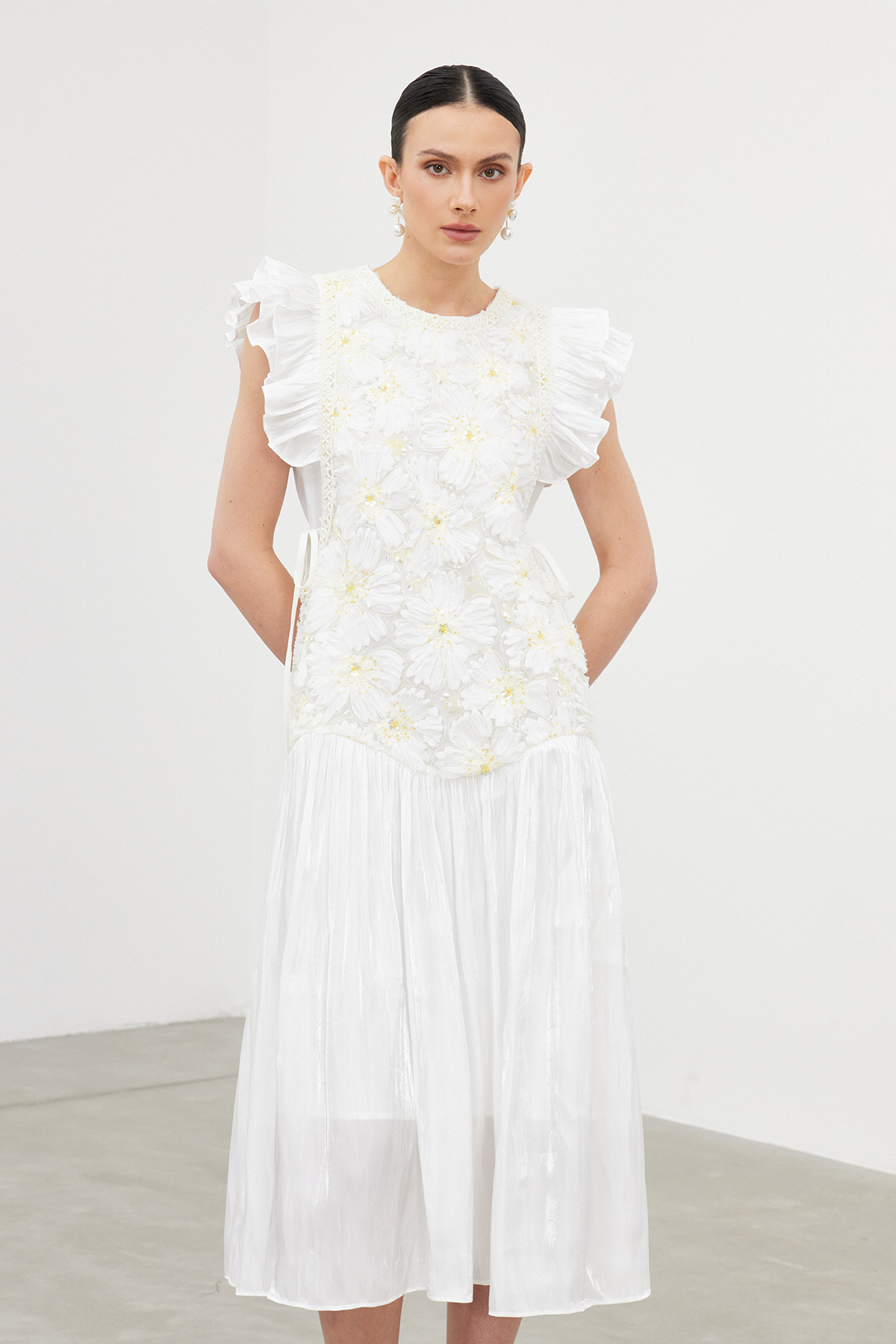 Fyokla Embellished Floral Ruch Maxi Dress In White
