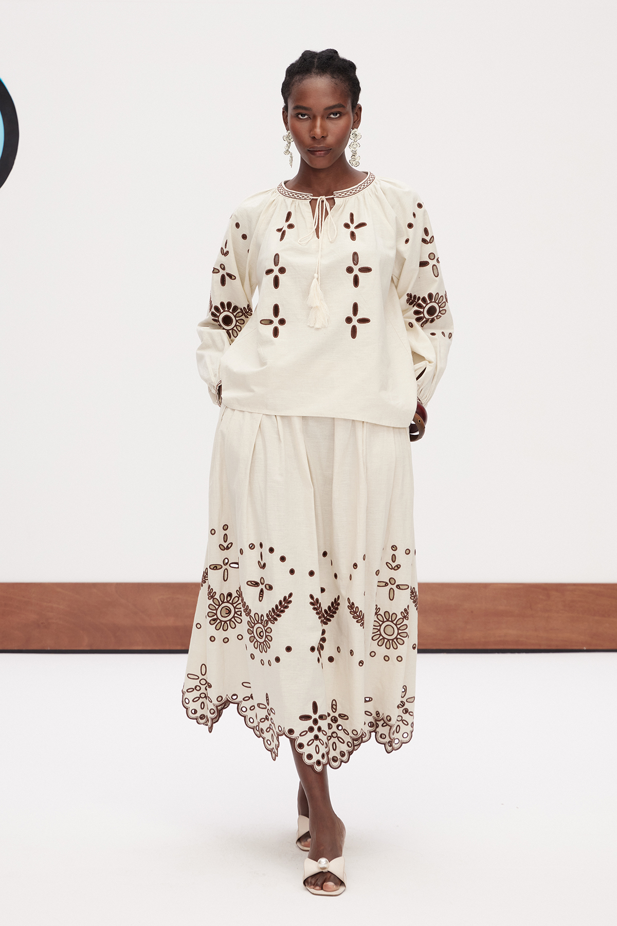 Gabby Balloon Sleeve Embroidered Skirt Set