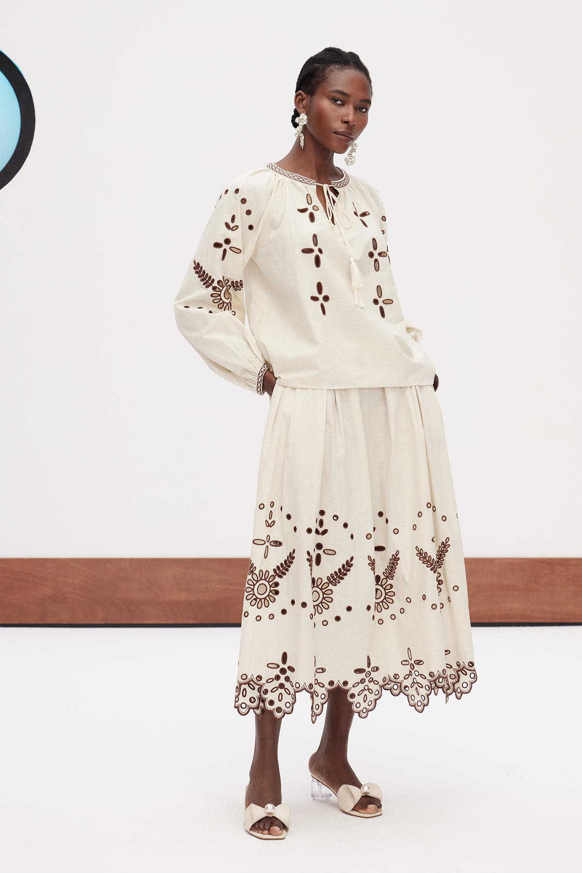 Gabby Balloon Sleeve Embroidered Skirt Set