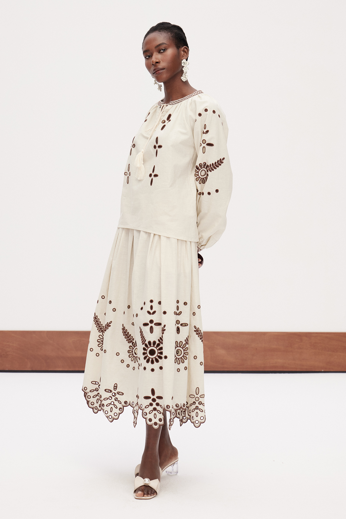 Gabby Balloon Sleeve Embroidered Skirt Set