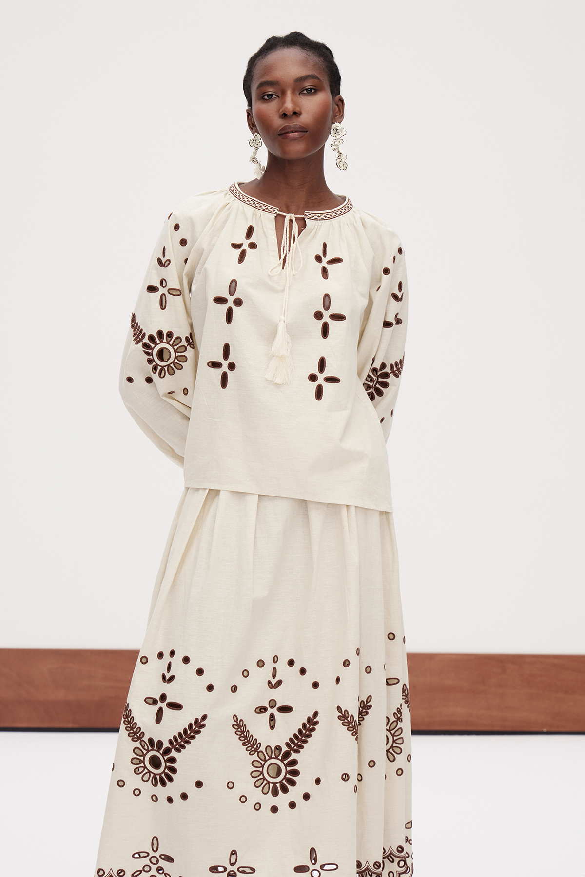 Gabby Balloon Sleeve Embroidered Skirt Set