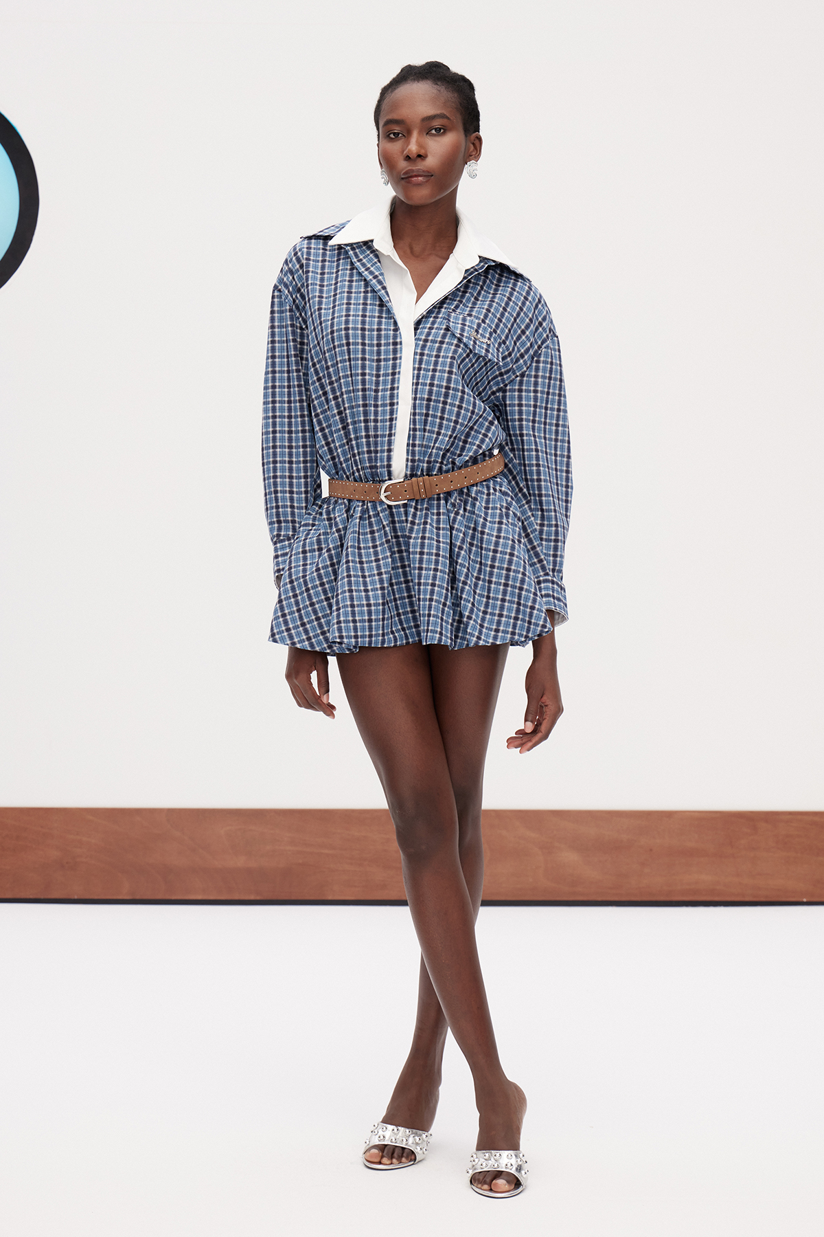 Gaheriet Lapel Grid Mini Shirt Dress