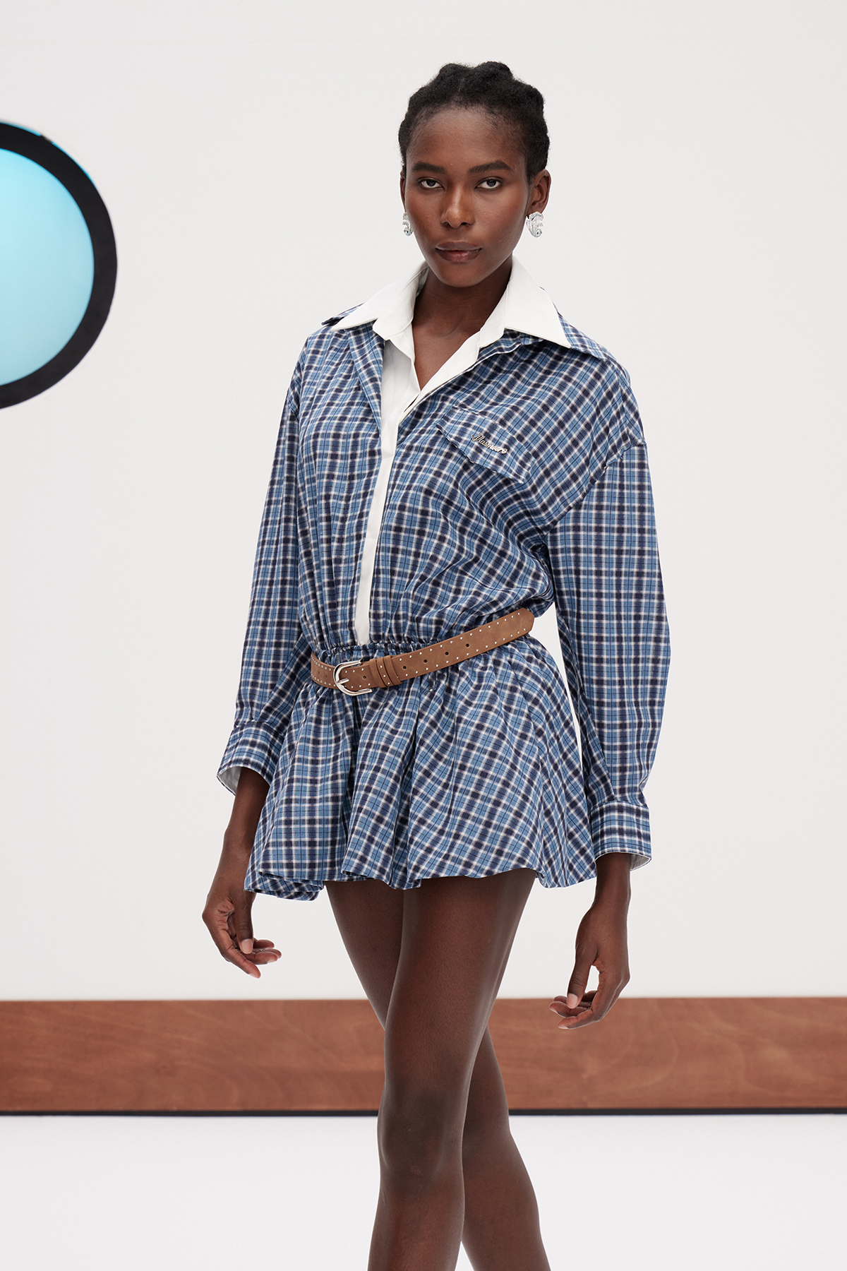 Gaheriet Lapel Grid Mini Shirt Dress