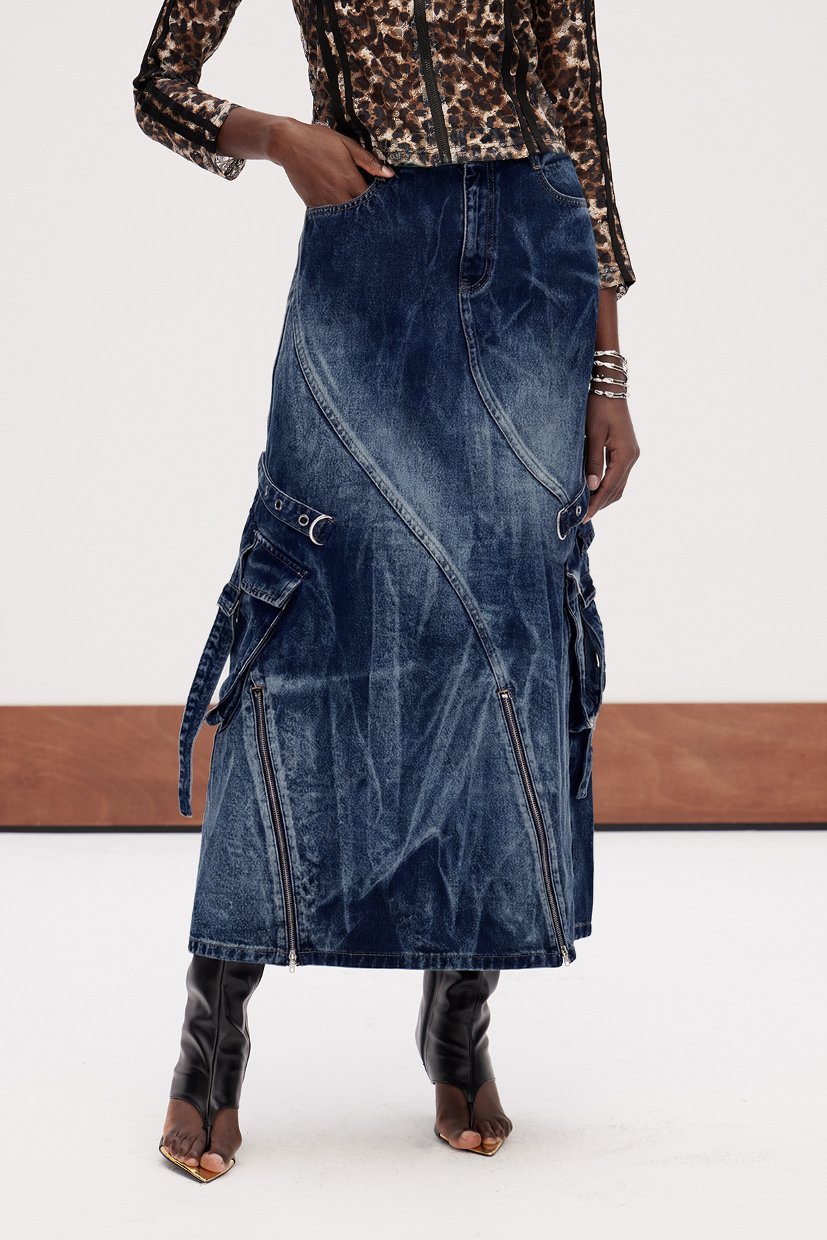 Galateia Deconstruct Bleached Denim Maxi Skirt