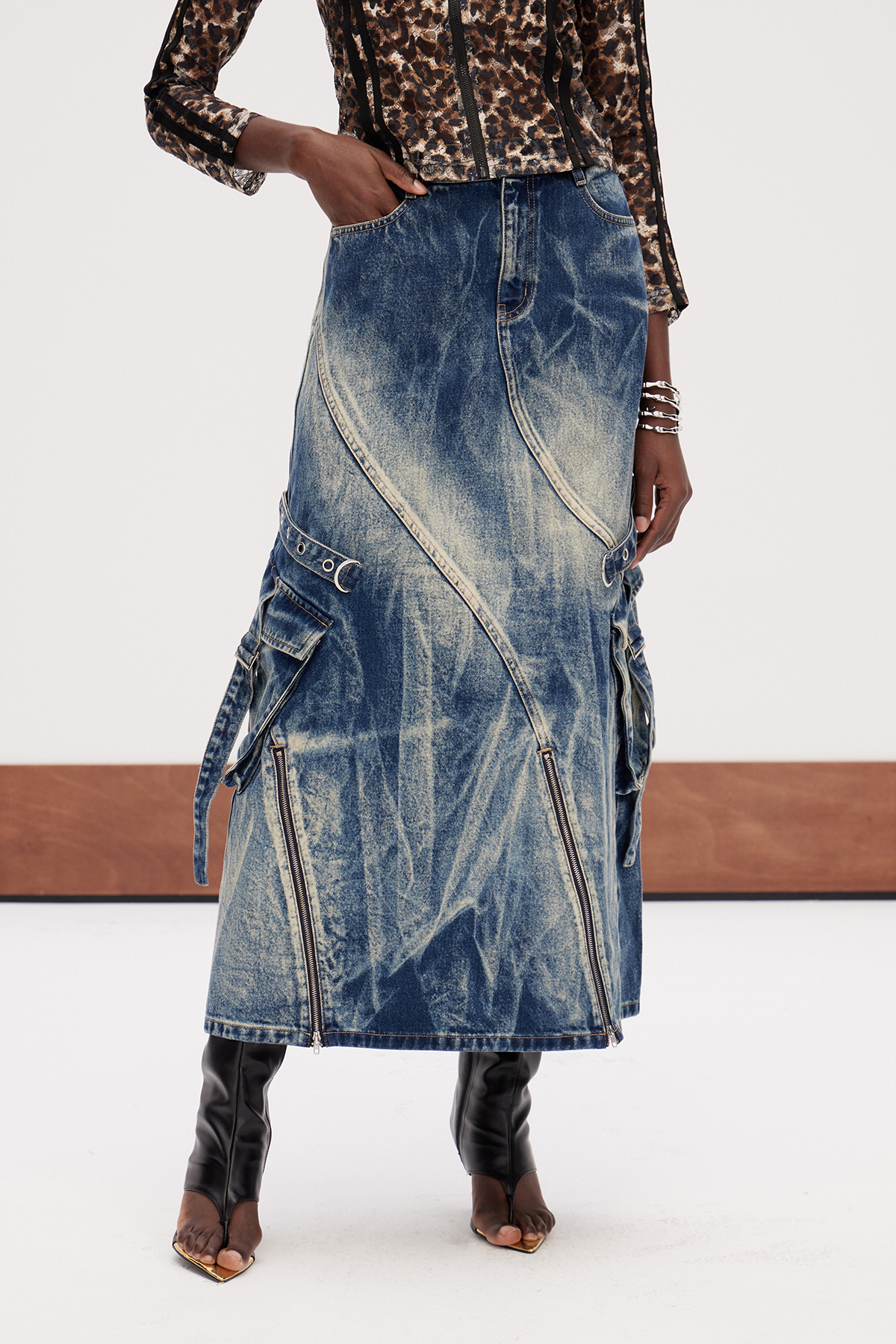 Galateia Deconstruct Bleached Denim Maxi Skirt