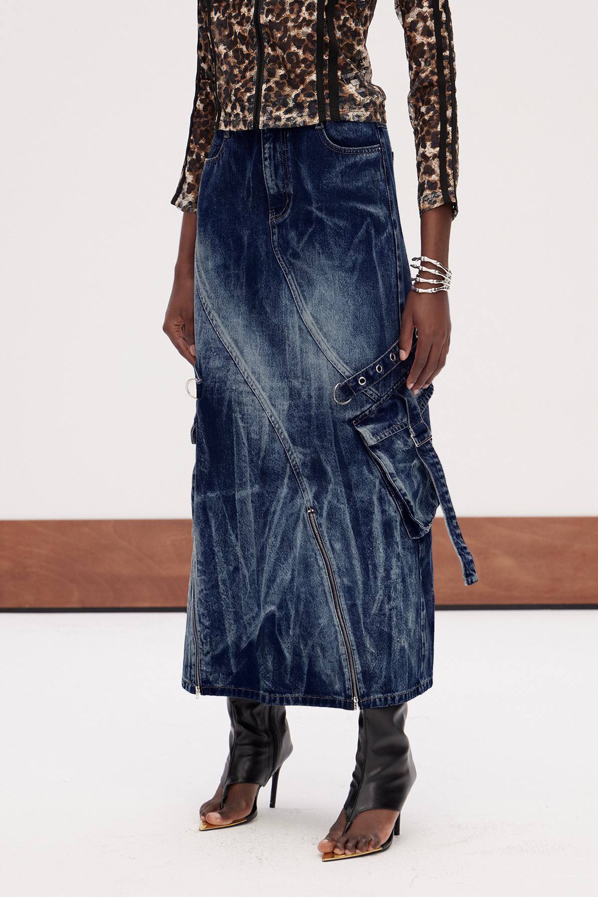 Galateia Deconstruct Bleached Denim Maxi Skirt