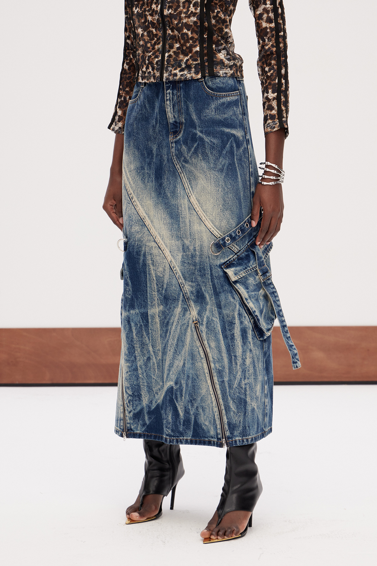 Galateia Deconstruct Bleached Denim Maxi Skirt