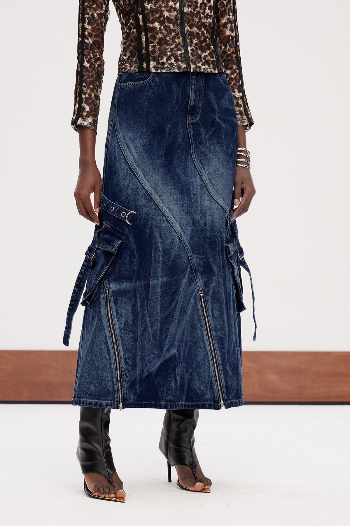 Galateia Deconstruct Bleached Denim Maxi Skirt