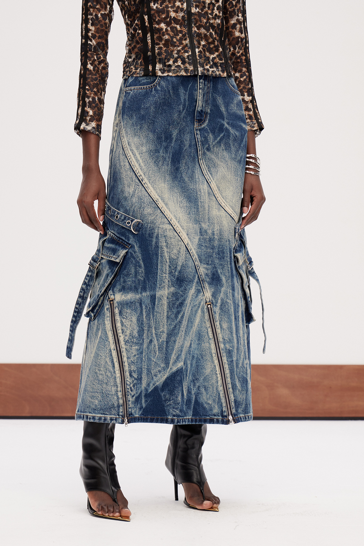 Galateia Deconstruct Bleached Denim Maxi Skirt