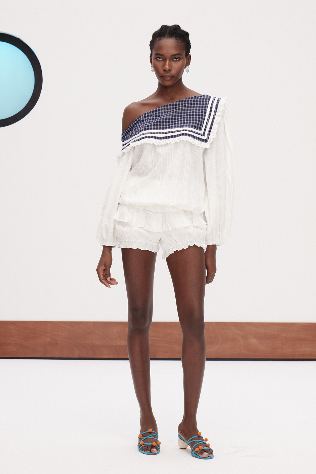 Gallcobar Asymmetric Grid Ruffle Pants Set