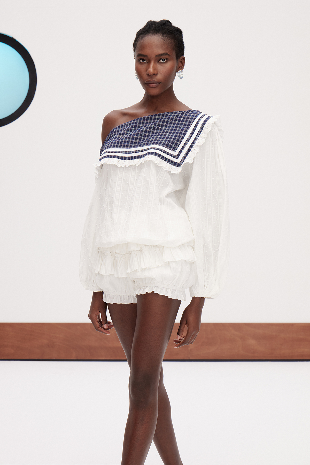 Gallcobar Asymmetric Grid Ruffle Pants Set