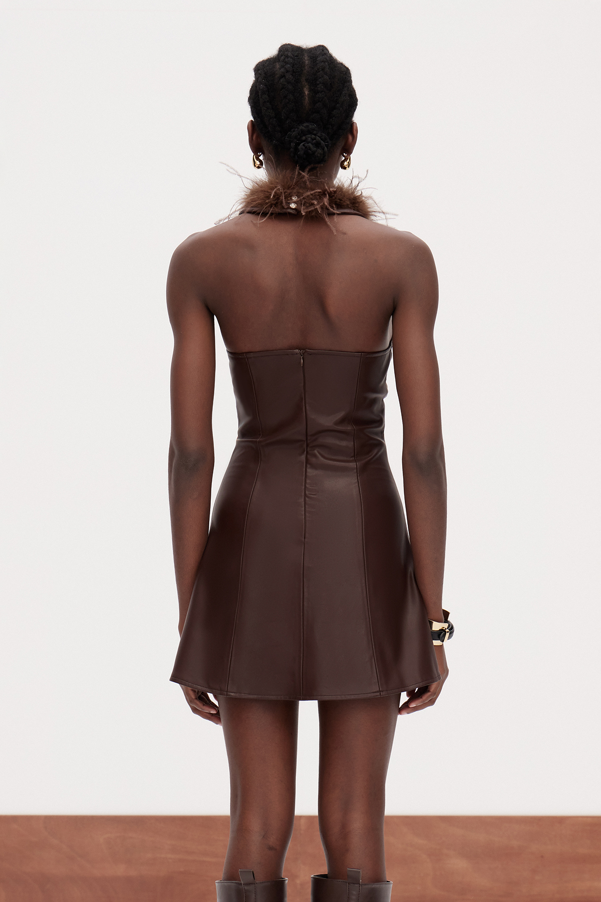 Galswintha Halter Neck Feather Leather Mini Dress