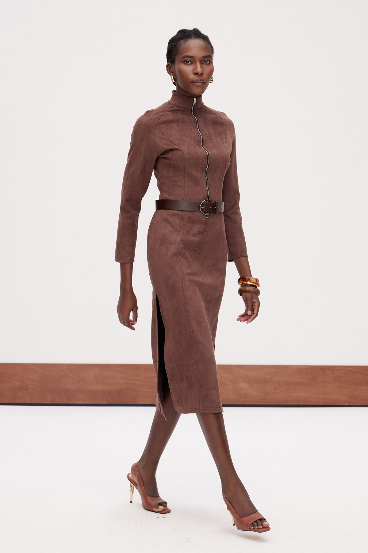 Galya Suede Zipper Midi Dress