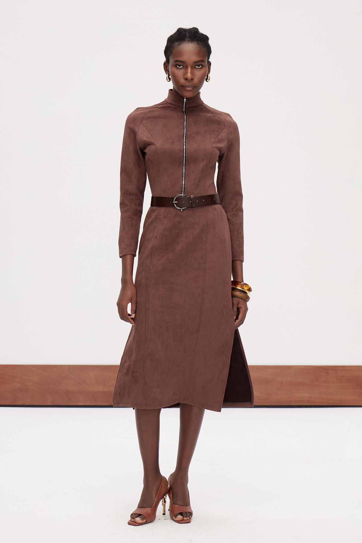 Galya Suede Zipper Midi Dress