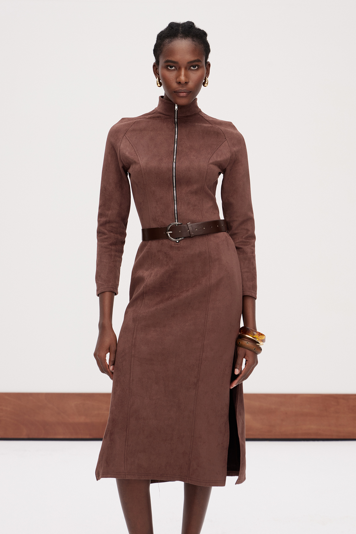 Galya Suede Zipper Midi Dress