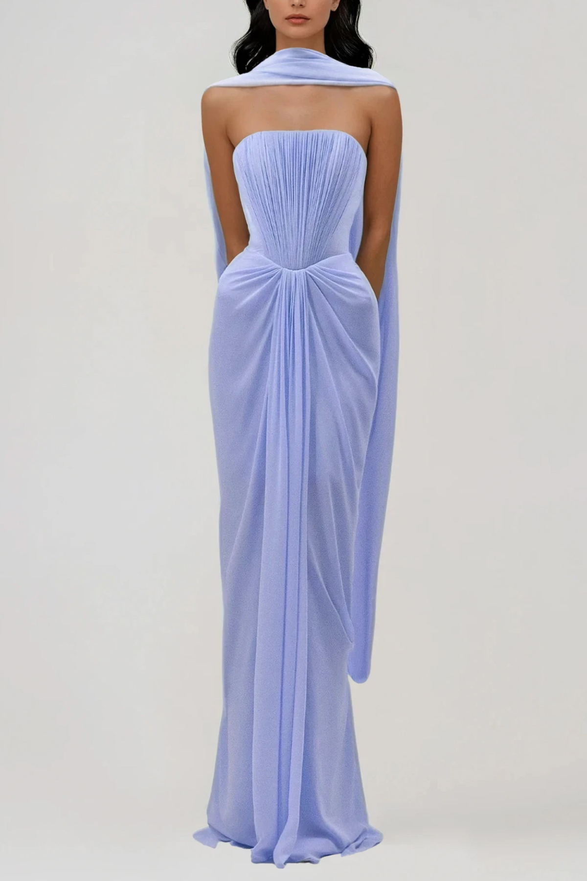 Giosetta Mesh Shawl Draped Maxi Dress In Blue
