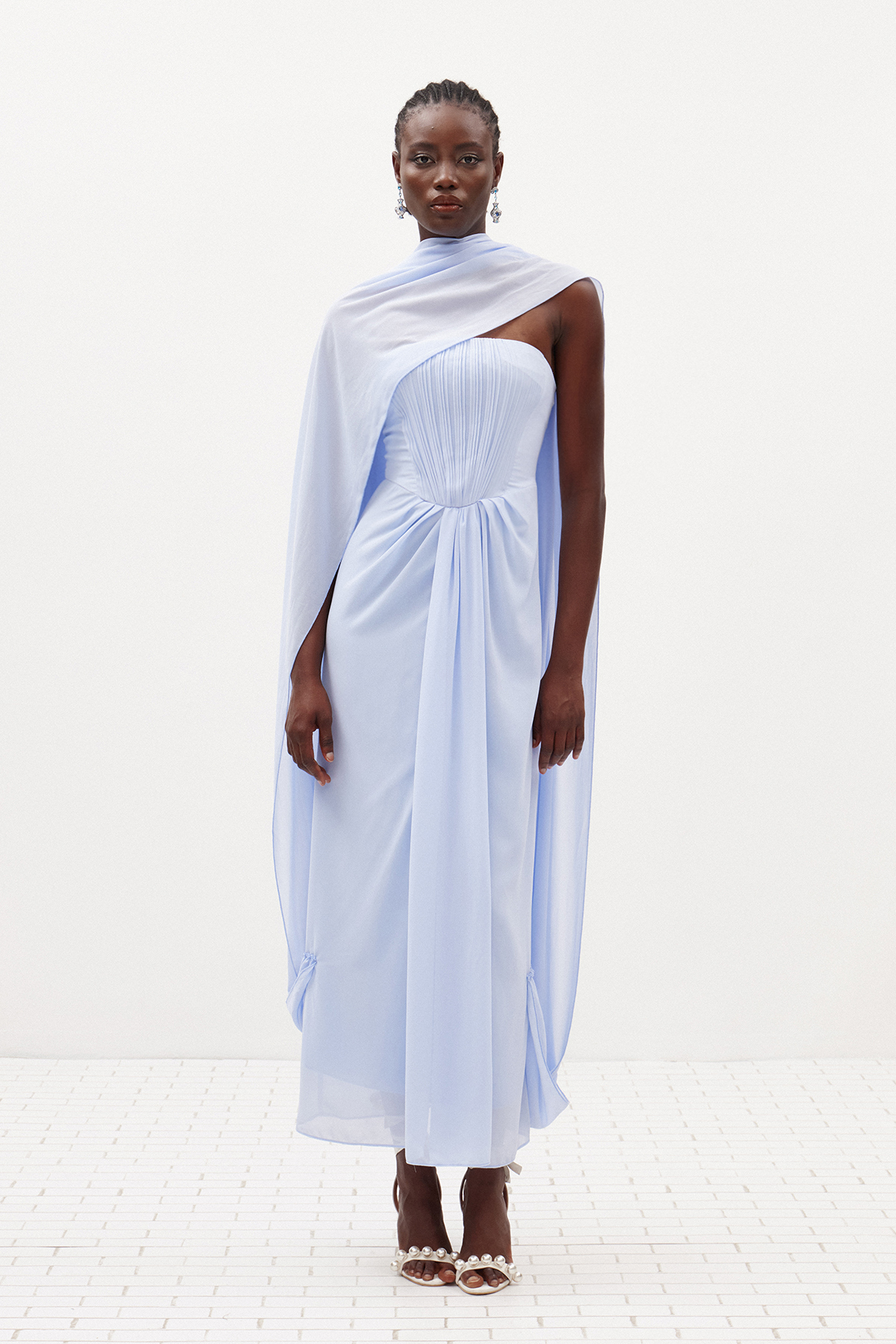 Giosetta Mesh Shawl Draped Maxi Dress In Blue