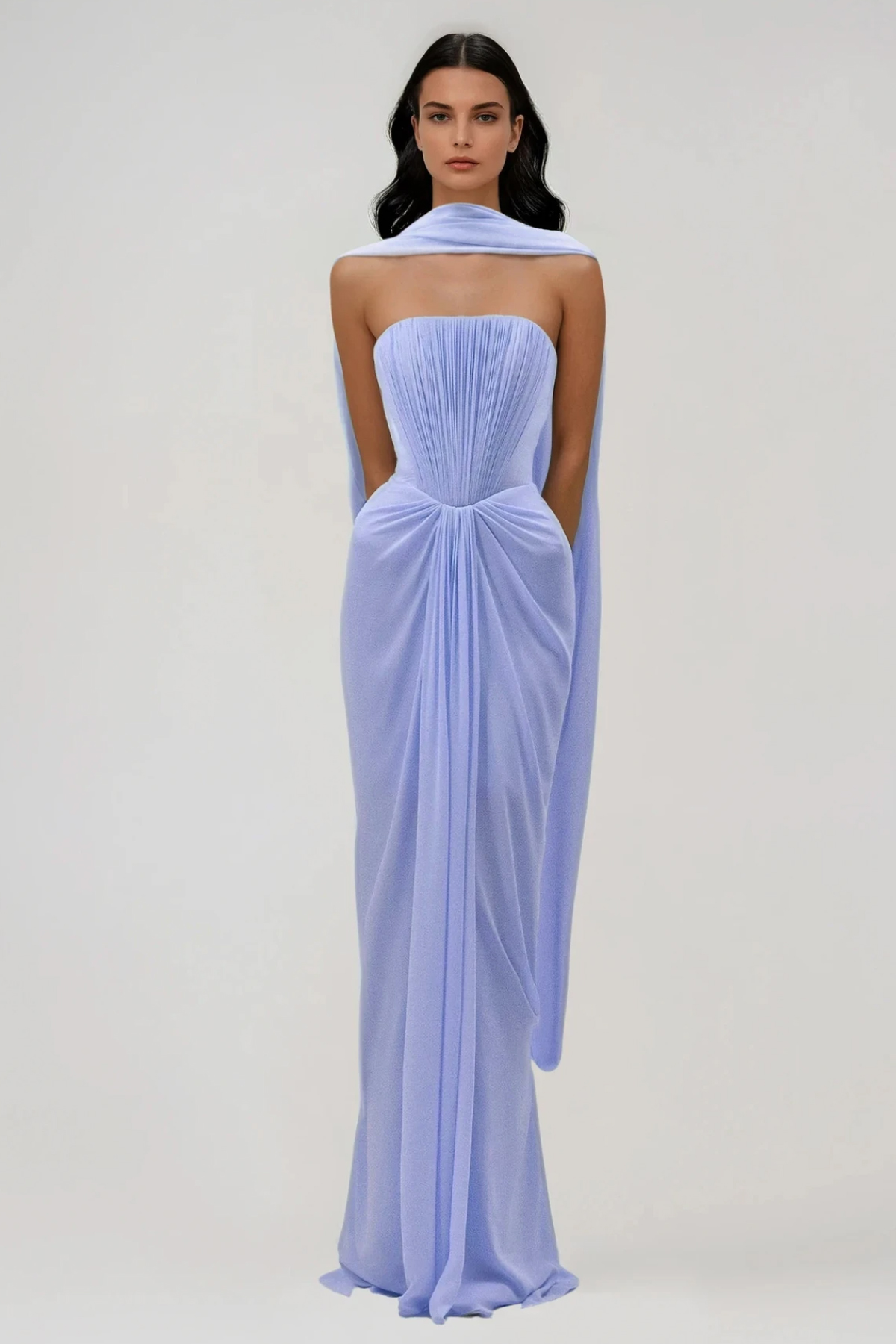 Giosetta Mesh Shawl Draped Maxi Dress In Blue