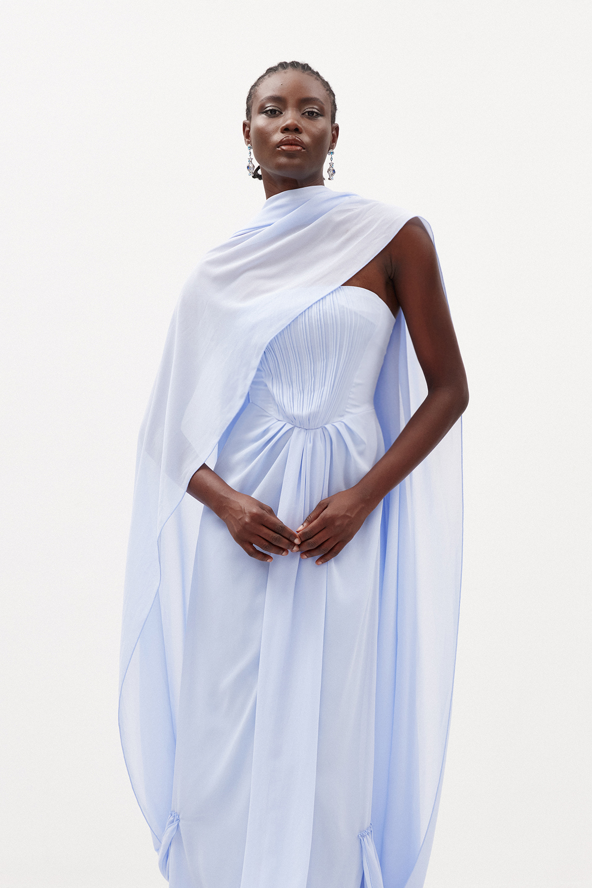 Giosetta Mesh Shawl Draped Maxi Dress In Blue