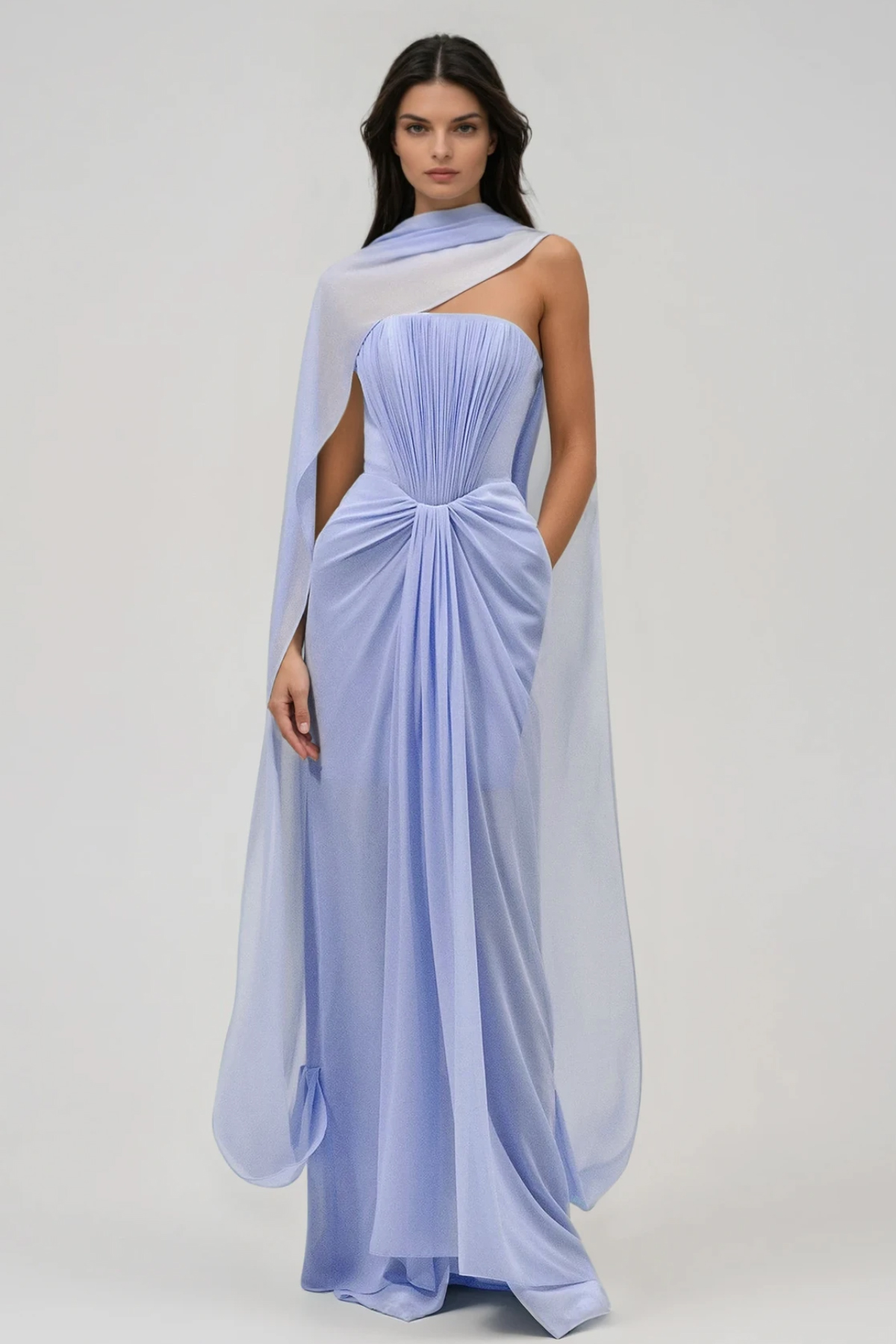 Giosetta Mesh Shawl Draped Maxi Dress In Blue