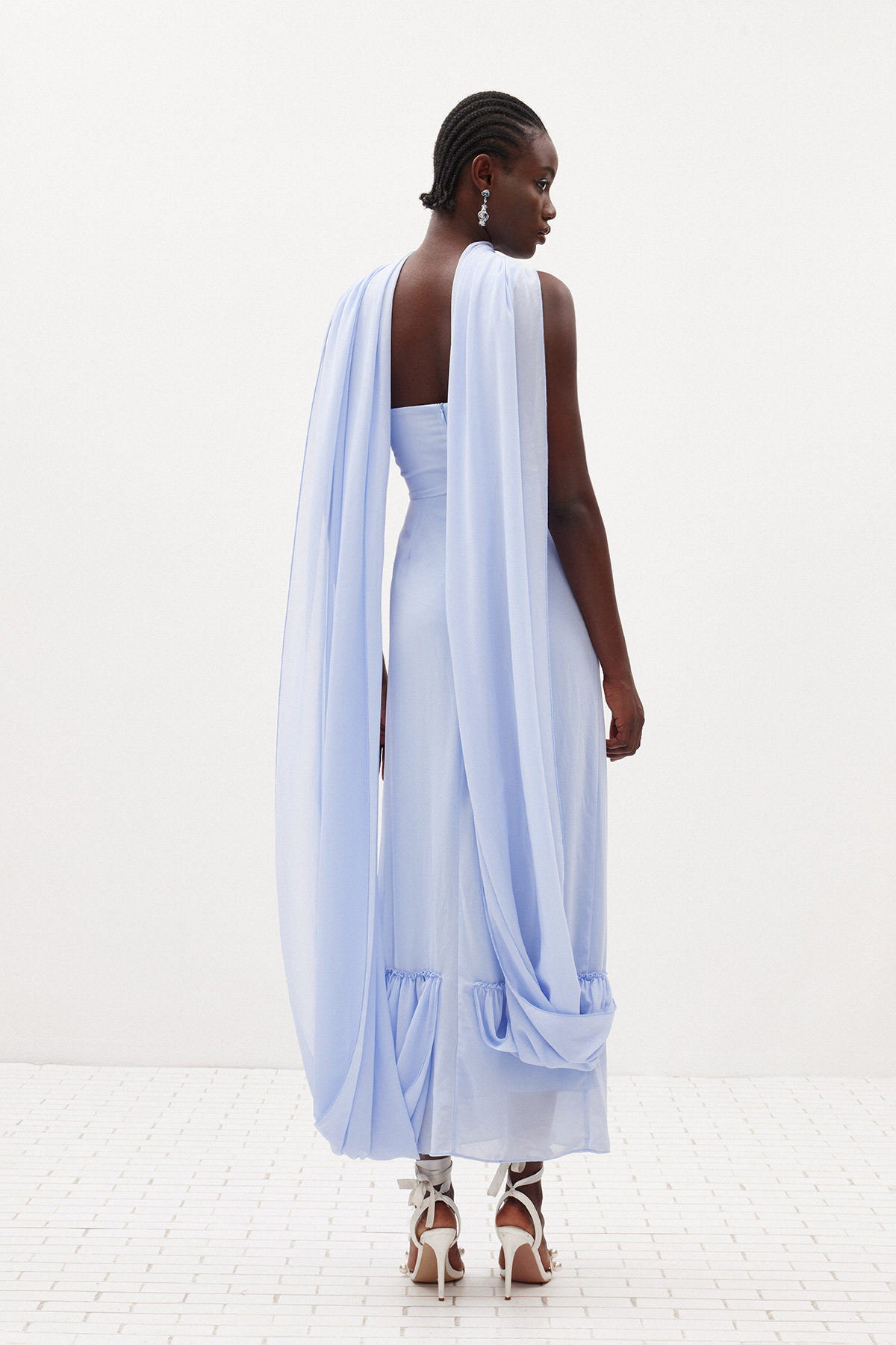 Giosetta Mesh Shawl Draped Maxi Dress In Blue
