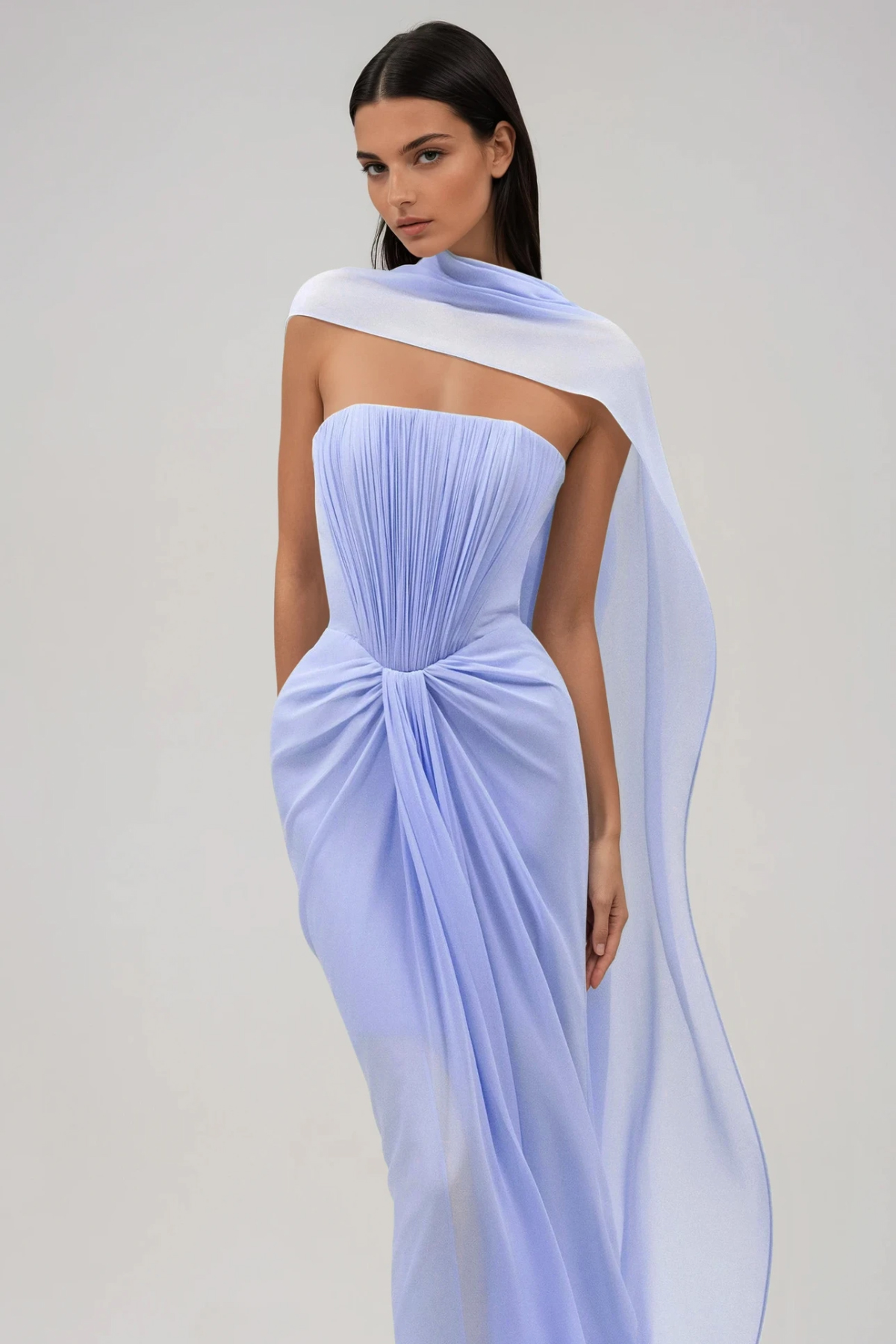 Giosetta Mesh Shawl Draped Maxi Dress In Blue