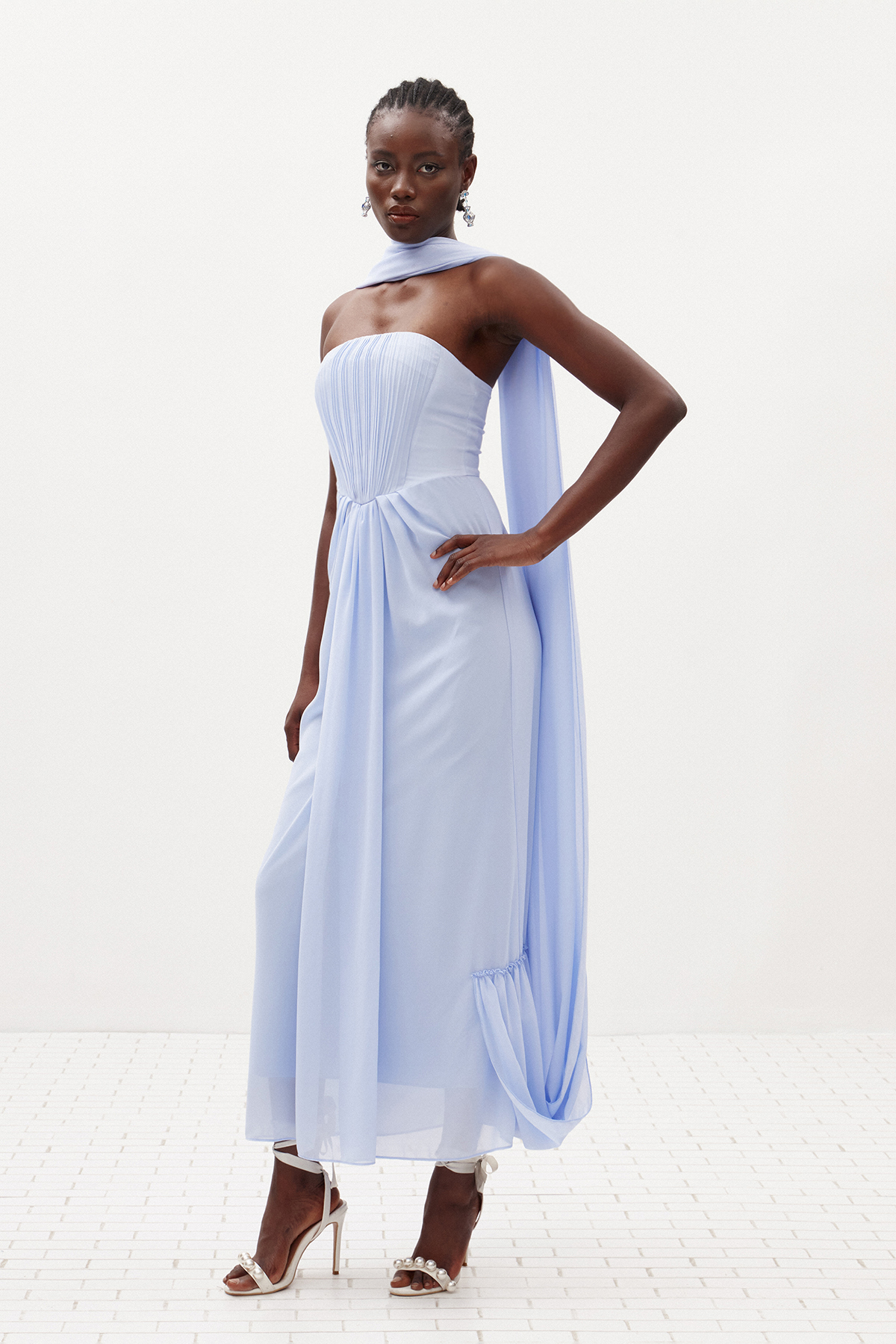 Giosetta Mesh Shawl Draped Maxi Dress In Blue