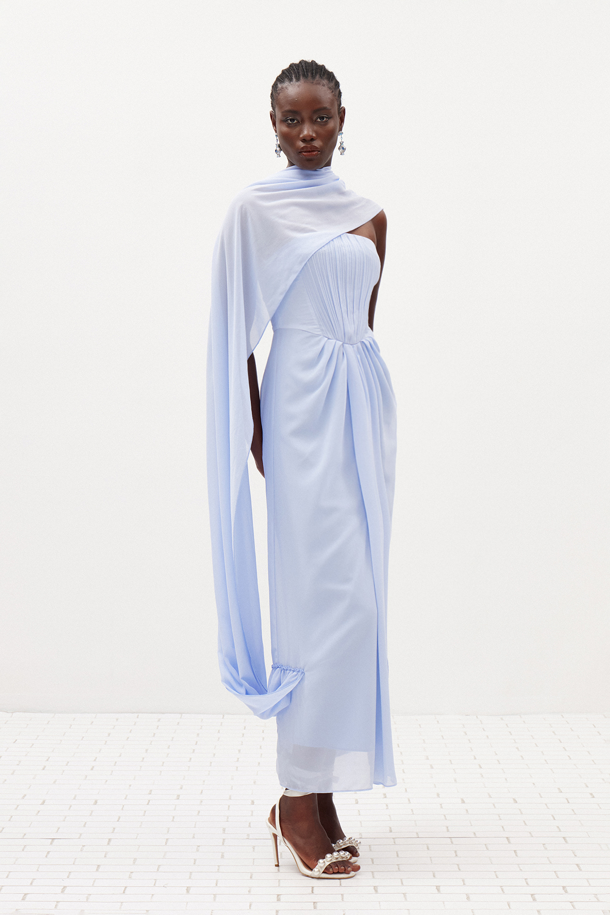Giosetta Mesh Shawl Draped Maxi Dress In Blue