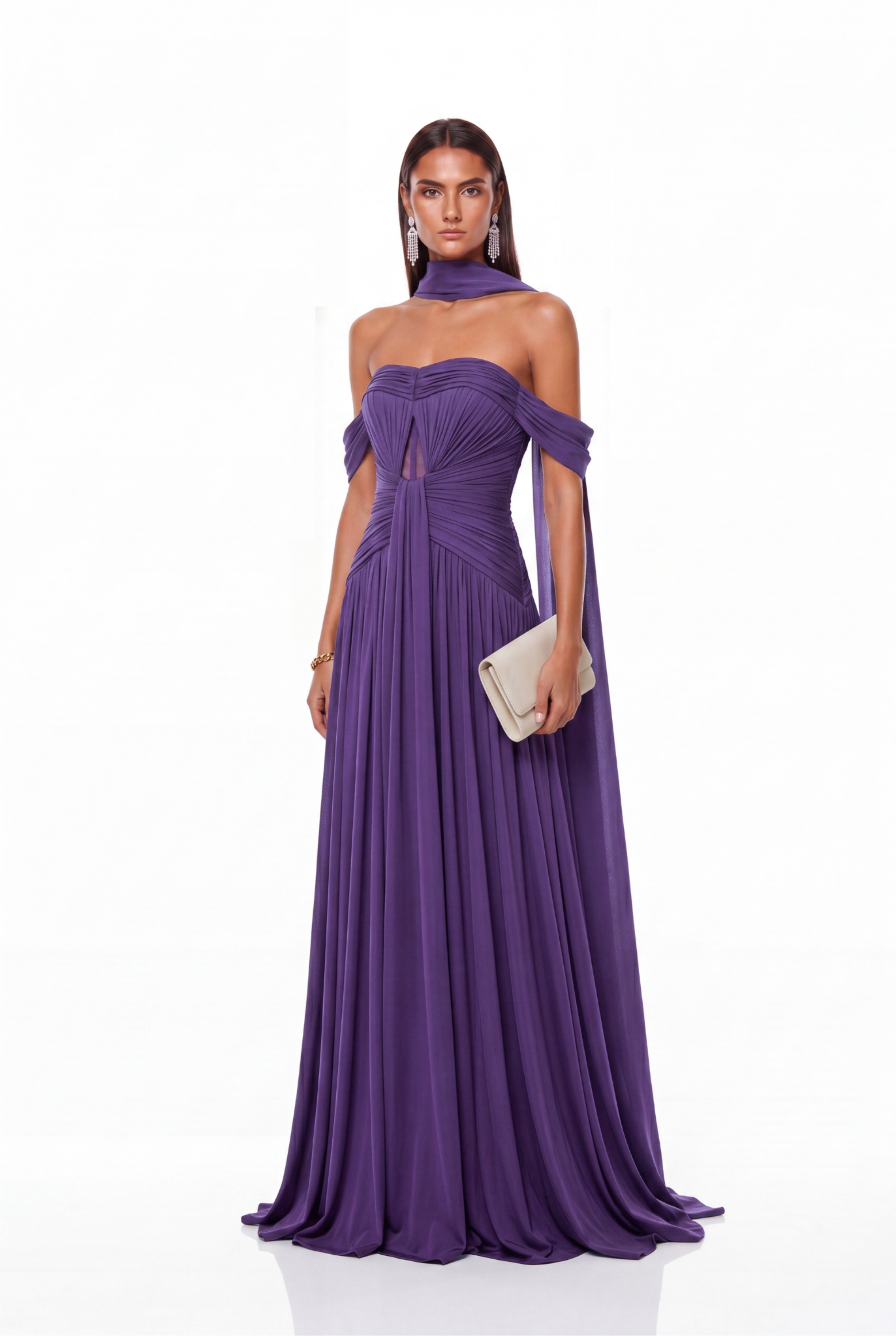 Giosetta Off Shoulder Ruch Scarf Maxi Dress In Purple