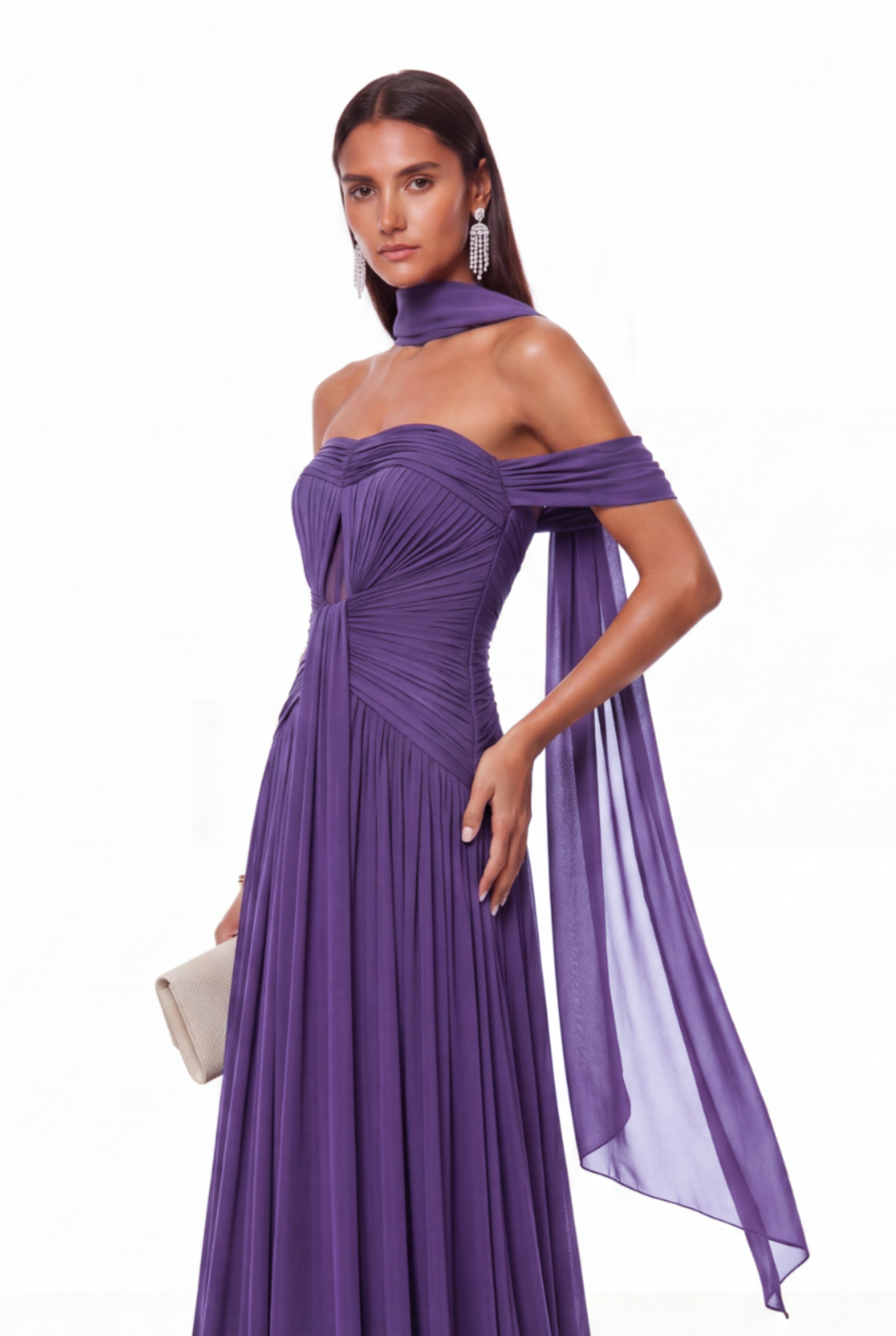 Giosetta Off Shoulder Ruch Scarf Maxi Dress In Purple
