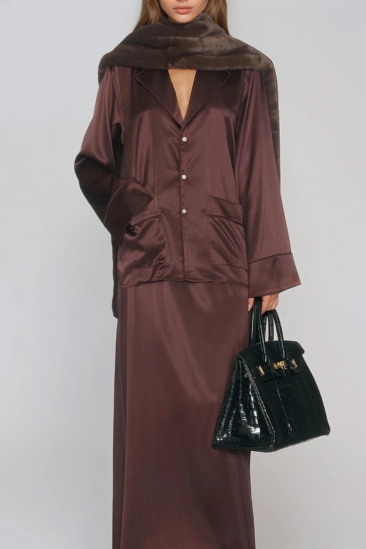 Giovanbattista Lapel Satin Maxi Skirt Set