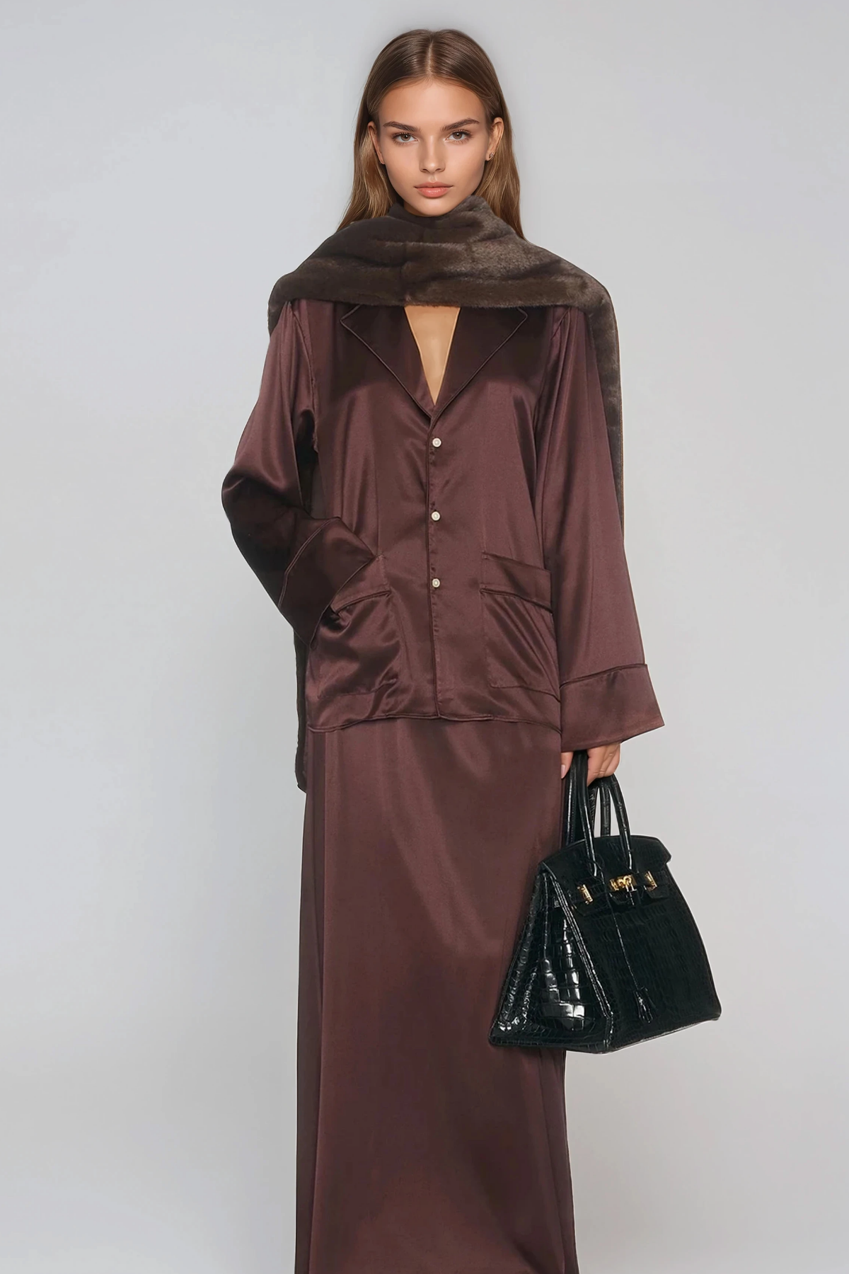 Giovanbattista Lapel Satin Maxi Skirt Set