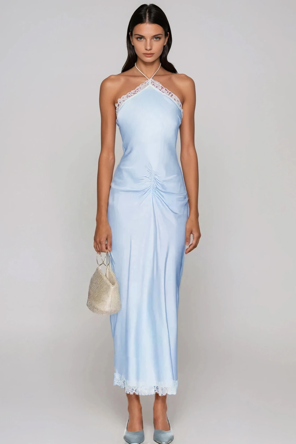 Giselmund Halter Neck  Lace Satin Midi Dress